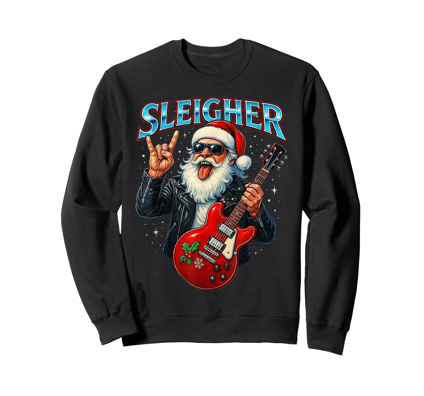 Sleigher Rock Santa Funny Metal Christmas Design T-Shirt