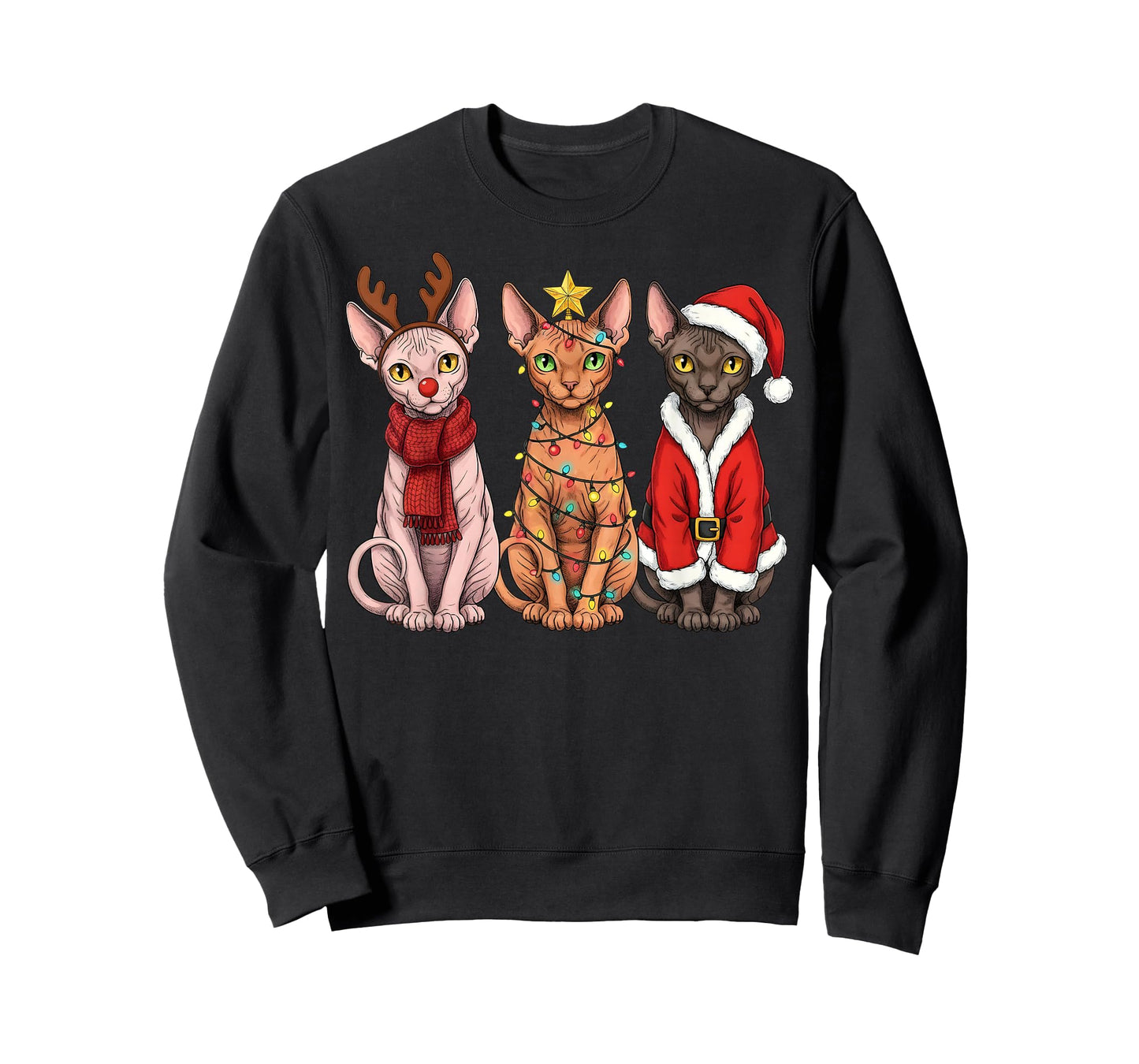 Retro Christmas Sphynx Cat Santa Reindeer T-Shirt