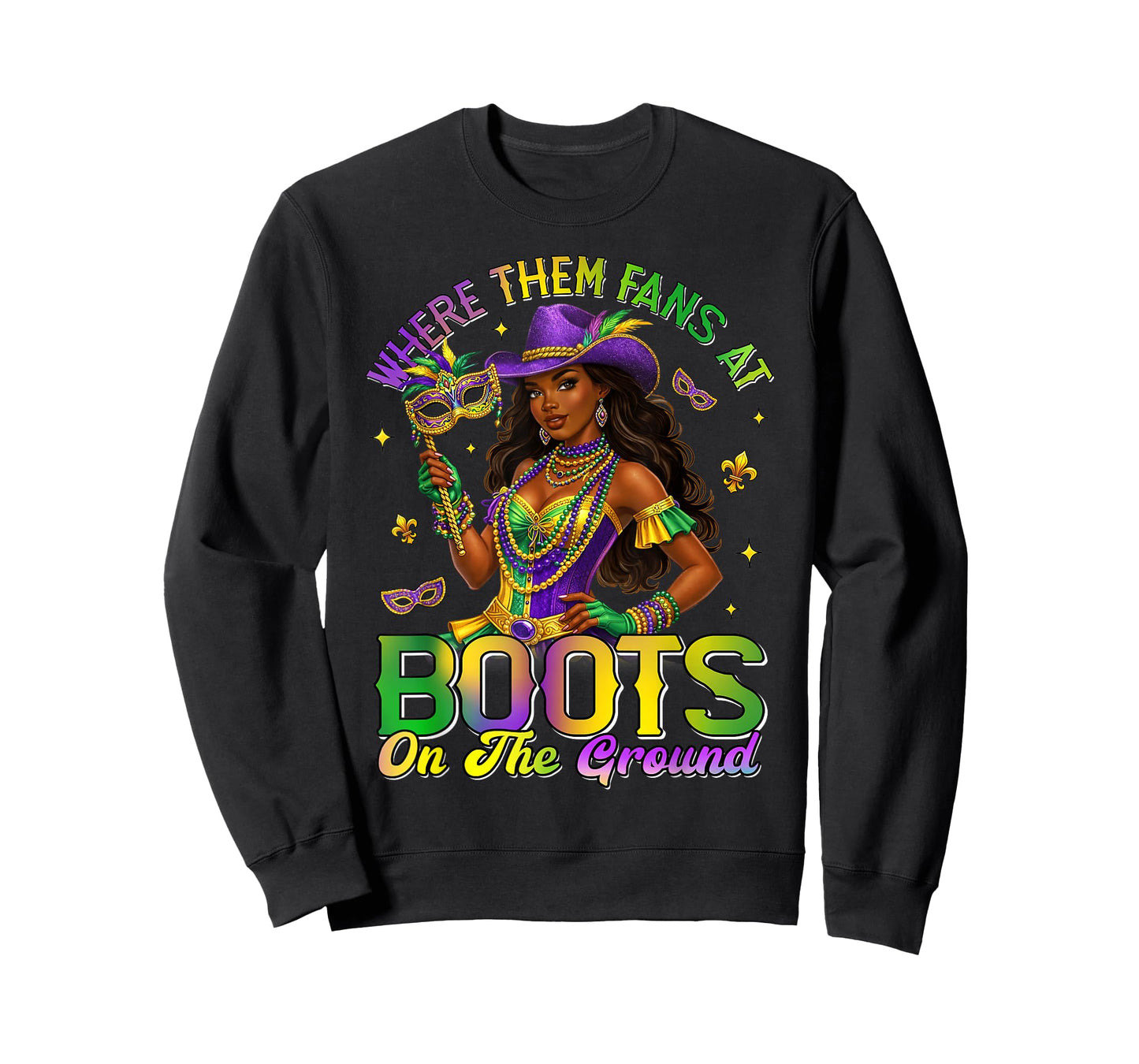 Mardi Gras Cowgirl Boots On The Ground Where Them Fans At T-Shirt