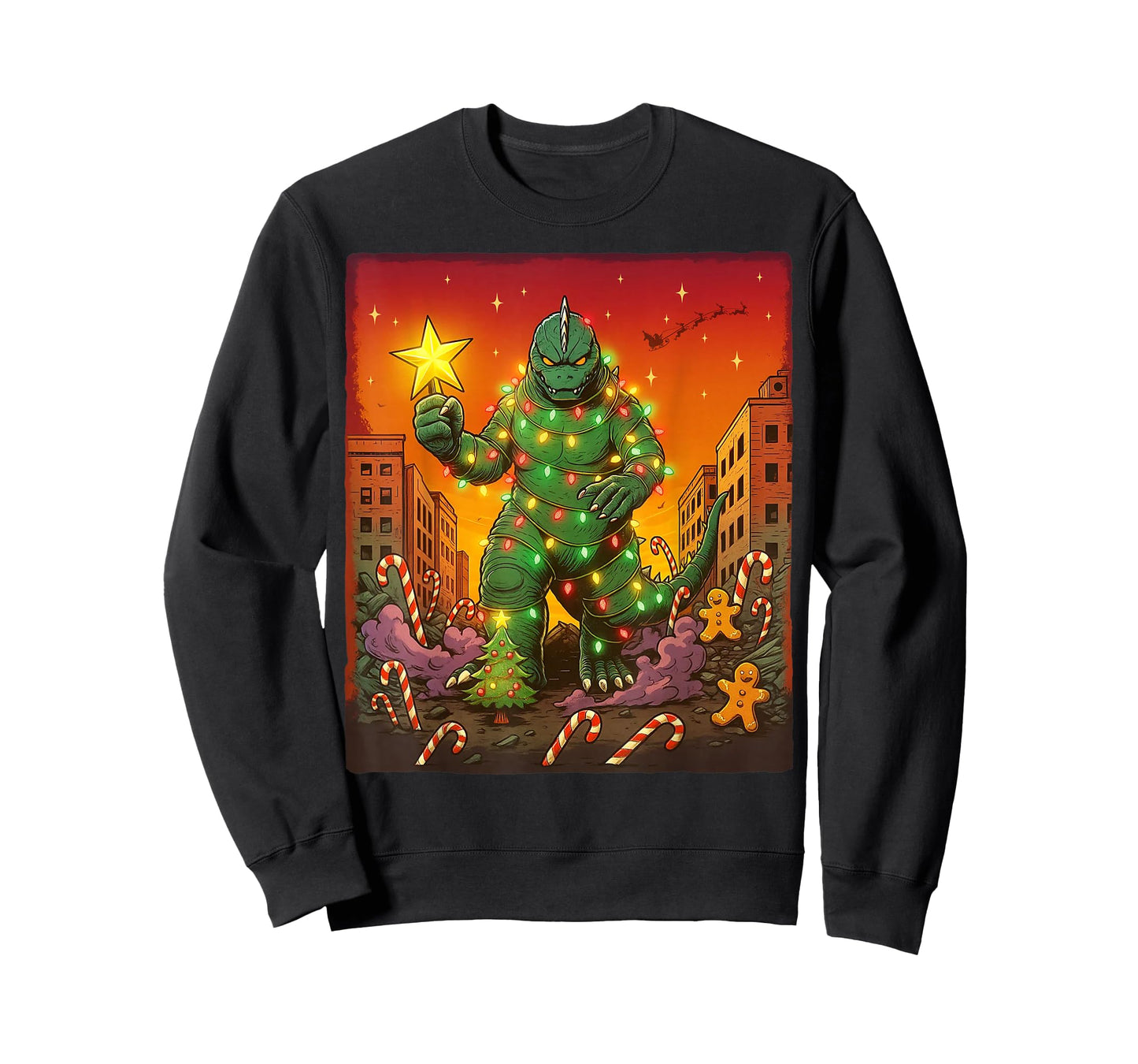 Japanese Monster Kaiju Santazilla Christmas Tree Lights T-Shirt
