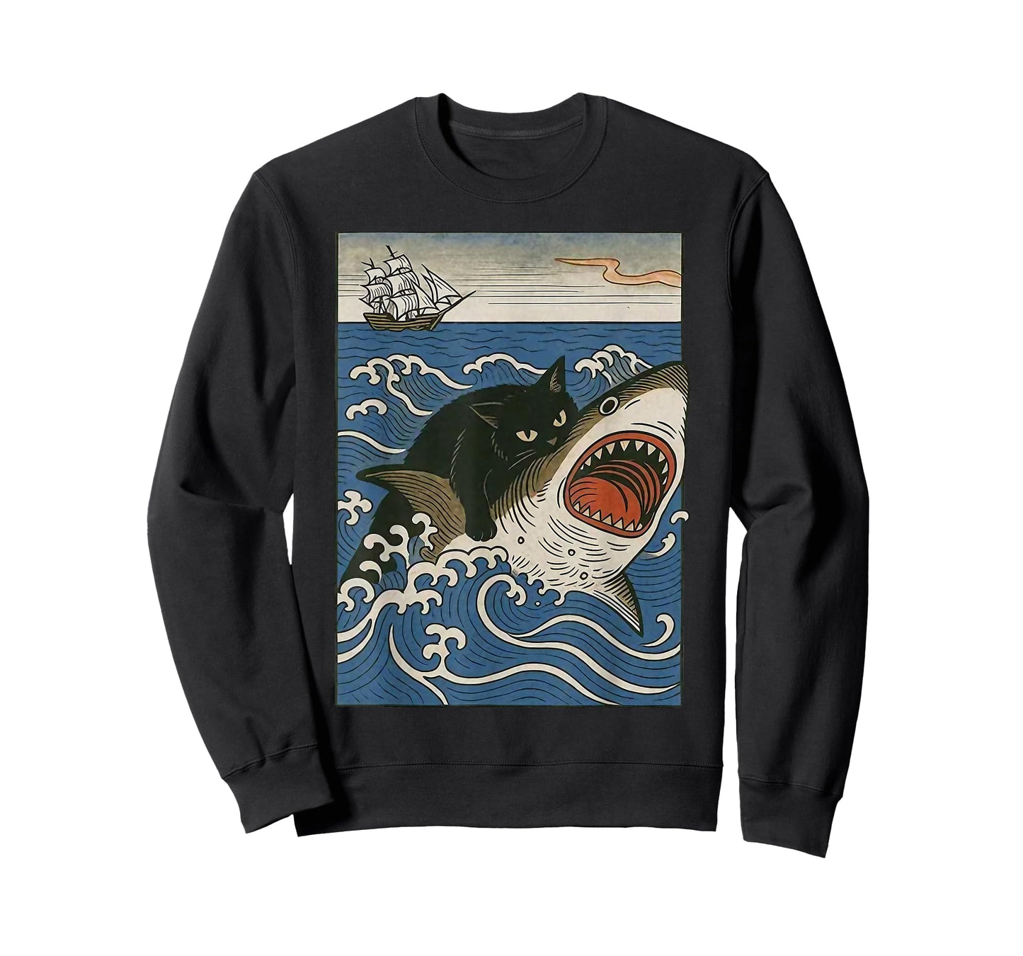 Black Cat Hunting Shark Ukiyoe Ocean Art Japanese Style T-Shirt