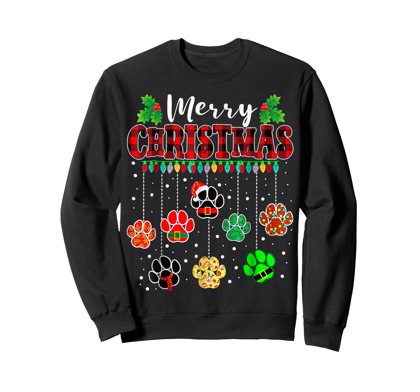 Merry Christmas Lights Dog Paw Xmas T-Shirt