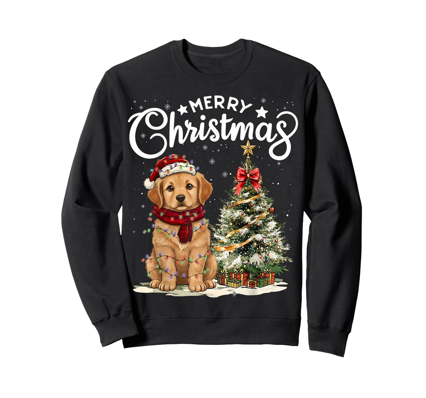Golden Retriever Merry Christmas Dog Santa Hat Tree Lights T-Shirt