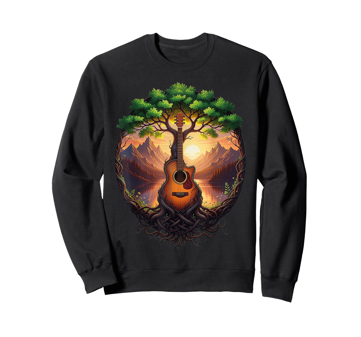 Acoustic Guitar Tree by The Lake Nature Sunset Guitarist T-Shirt