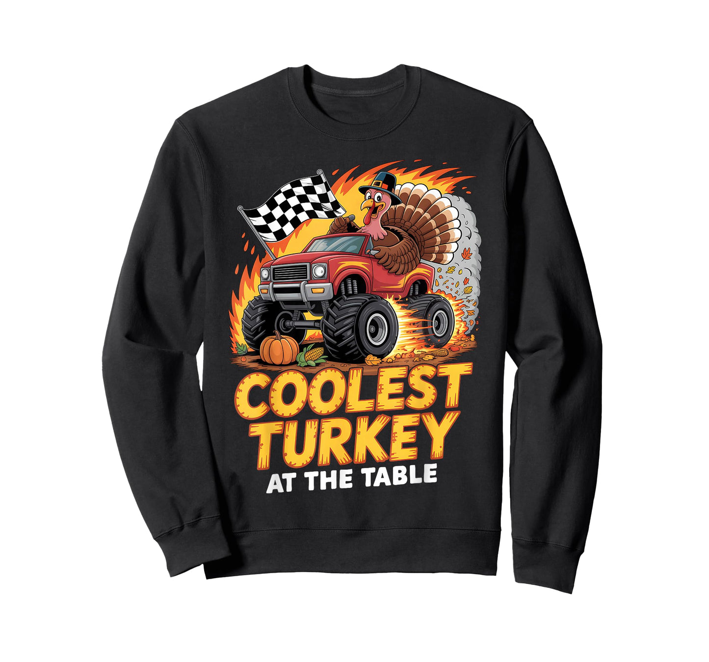 Coolest Turkey at Table Monster Truck Turkey Thanksgiving T-Shirt