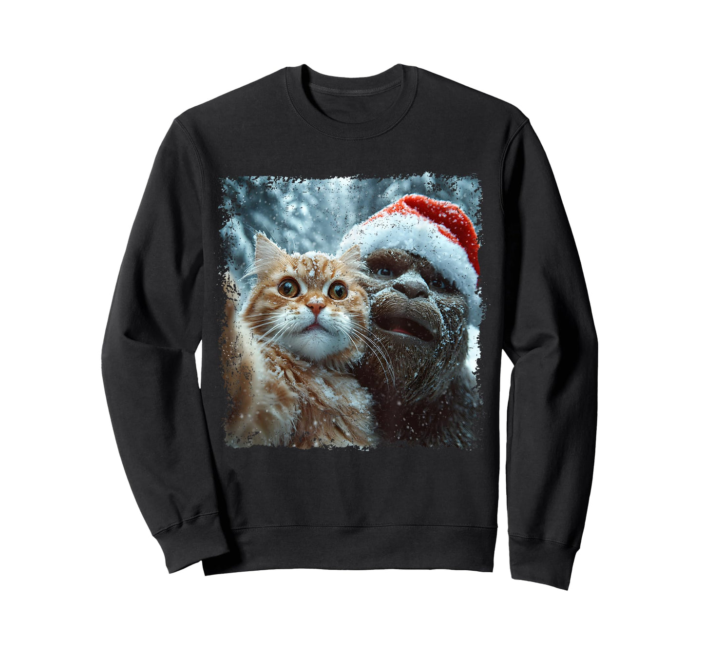 Funny Bigfoot and Cat Christmas Selfie Design T-Shirt