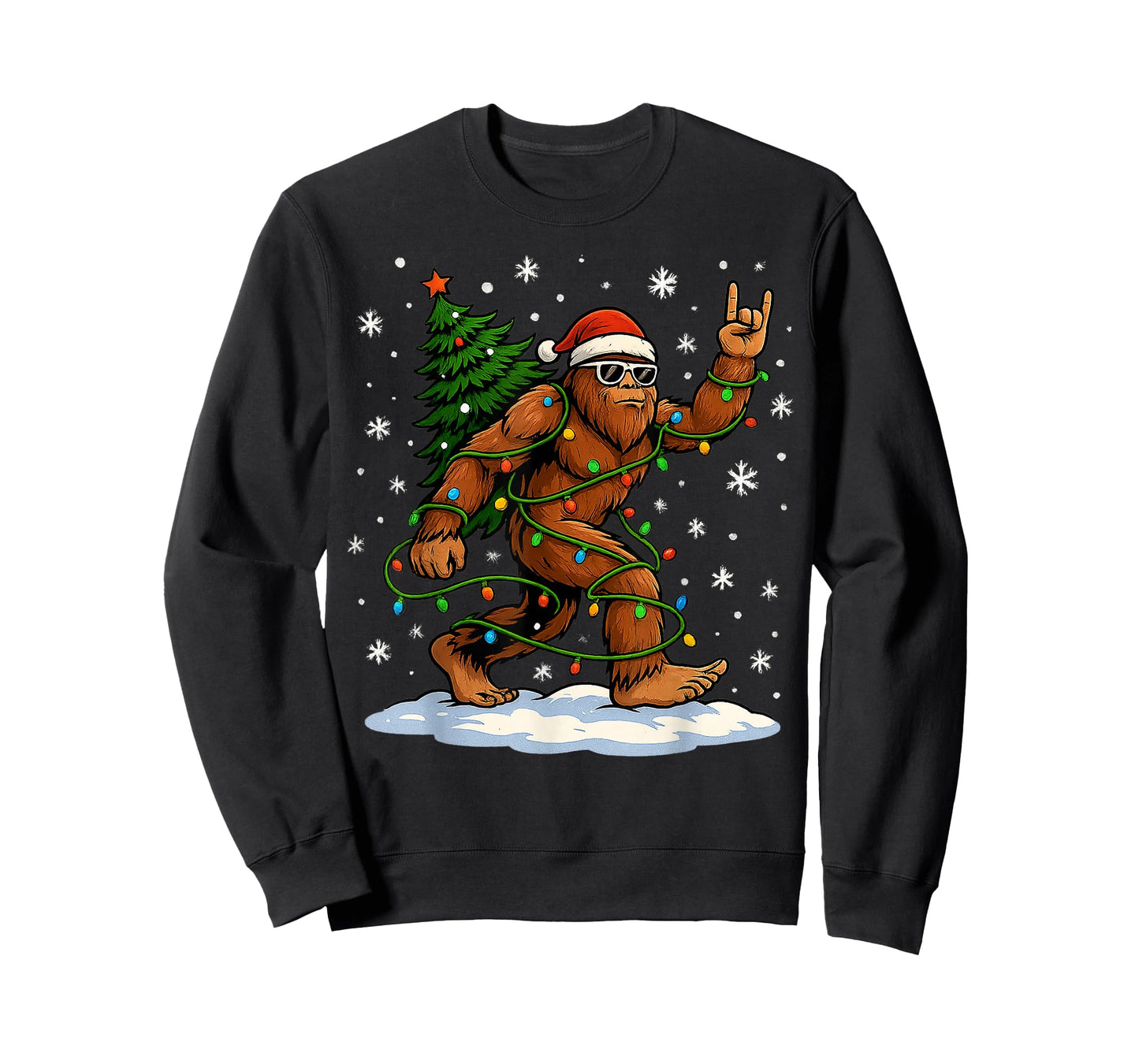 Funny Bigfoot Rock On Christmas Lights Snow Holiday Xmas T-Shirt