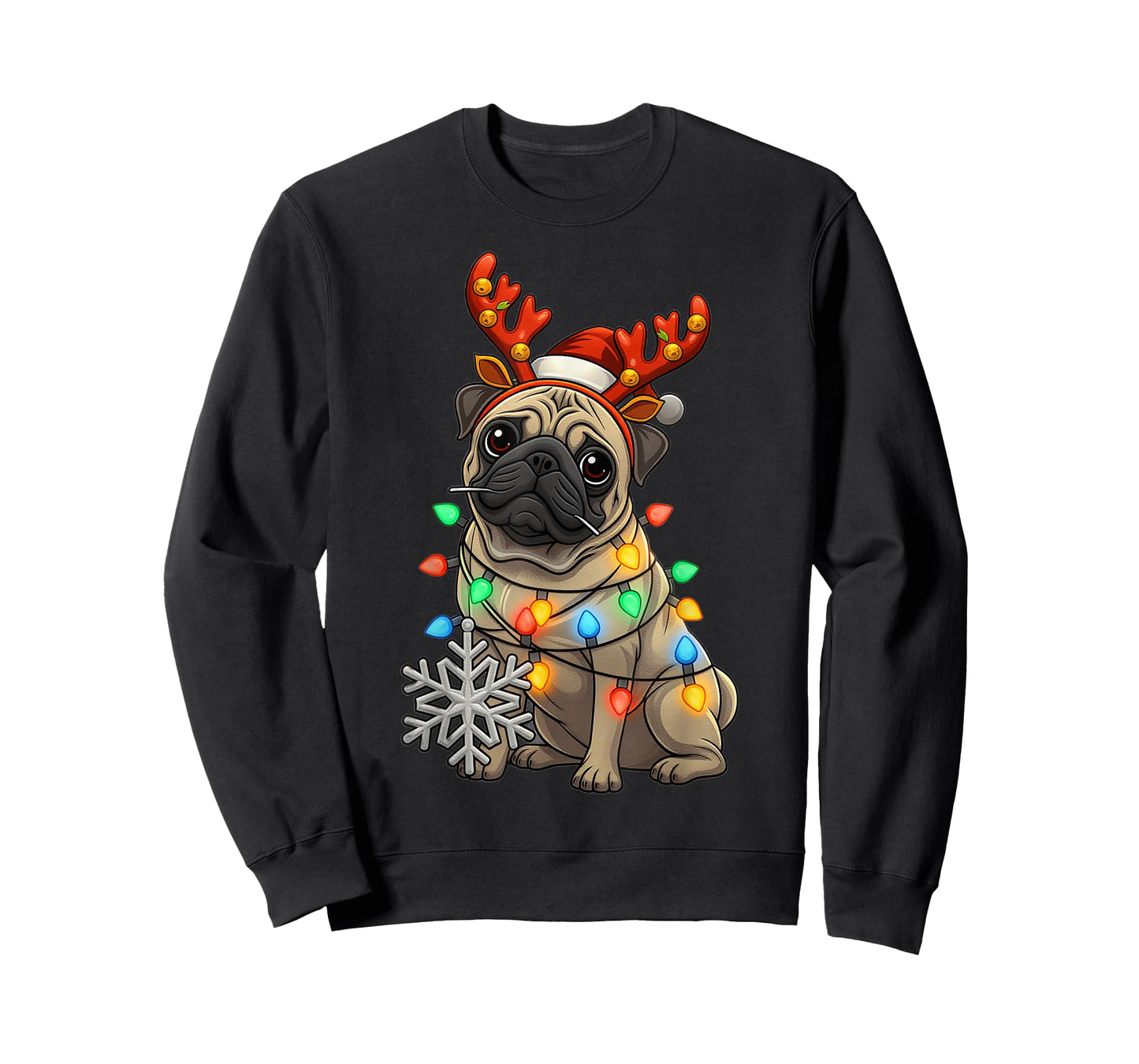 Festive Pug with Christmas Lights and Snowflake Design T-Shirt