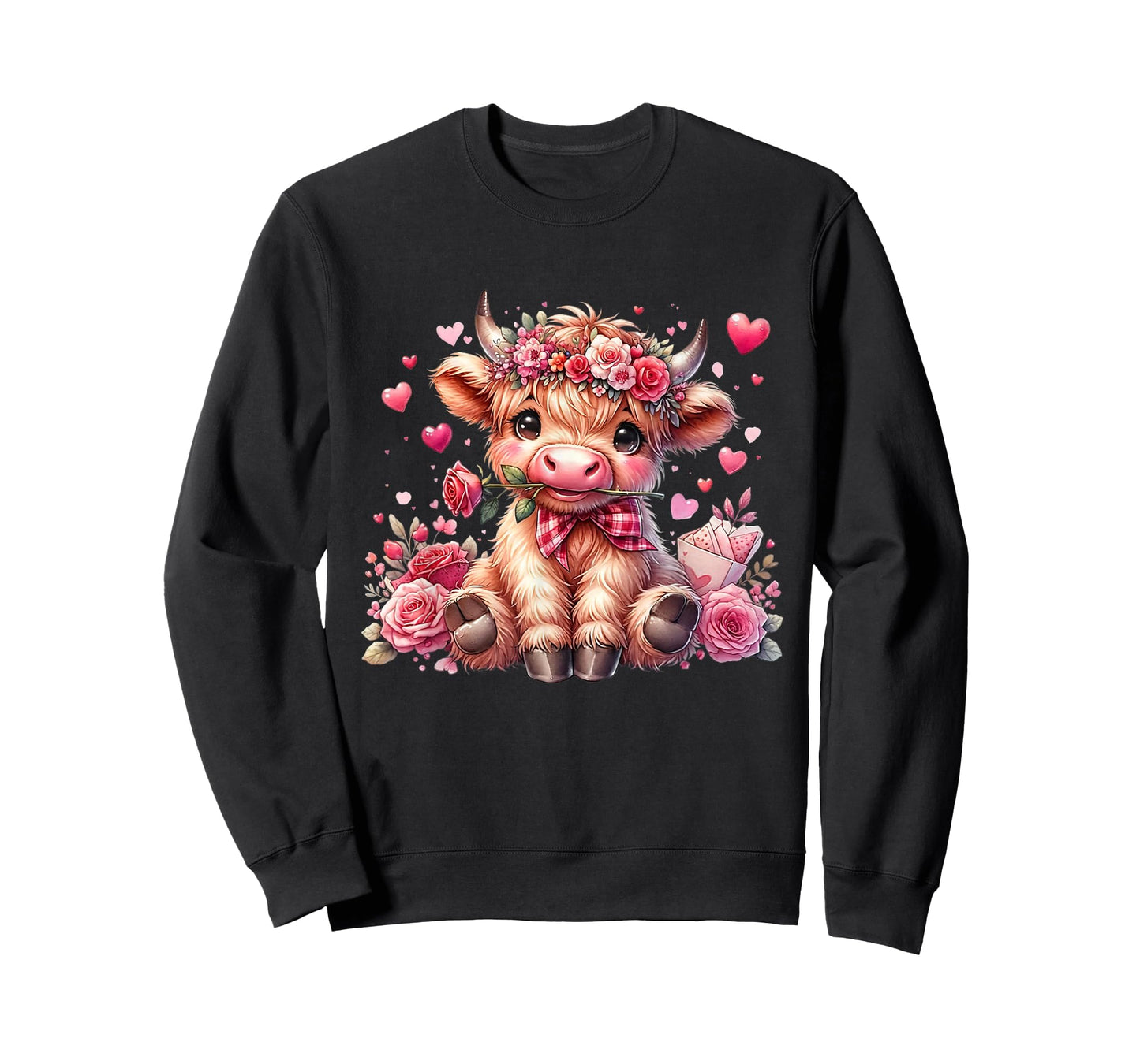 Valentine Highland Cow Print Cute Love Heart Flowers T-Shirt