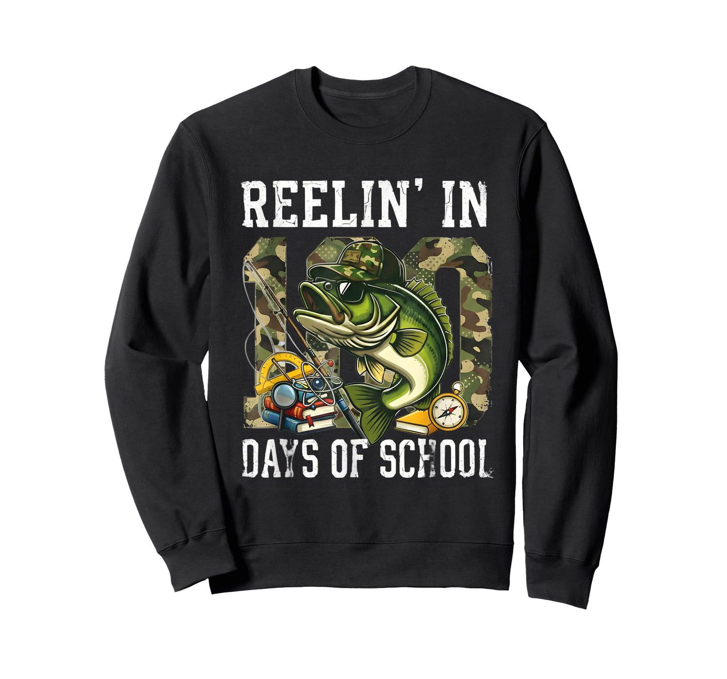 Reelin' in 100 Days of School Bass Camo Fishing Lover Boys T-Shirt