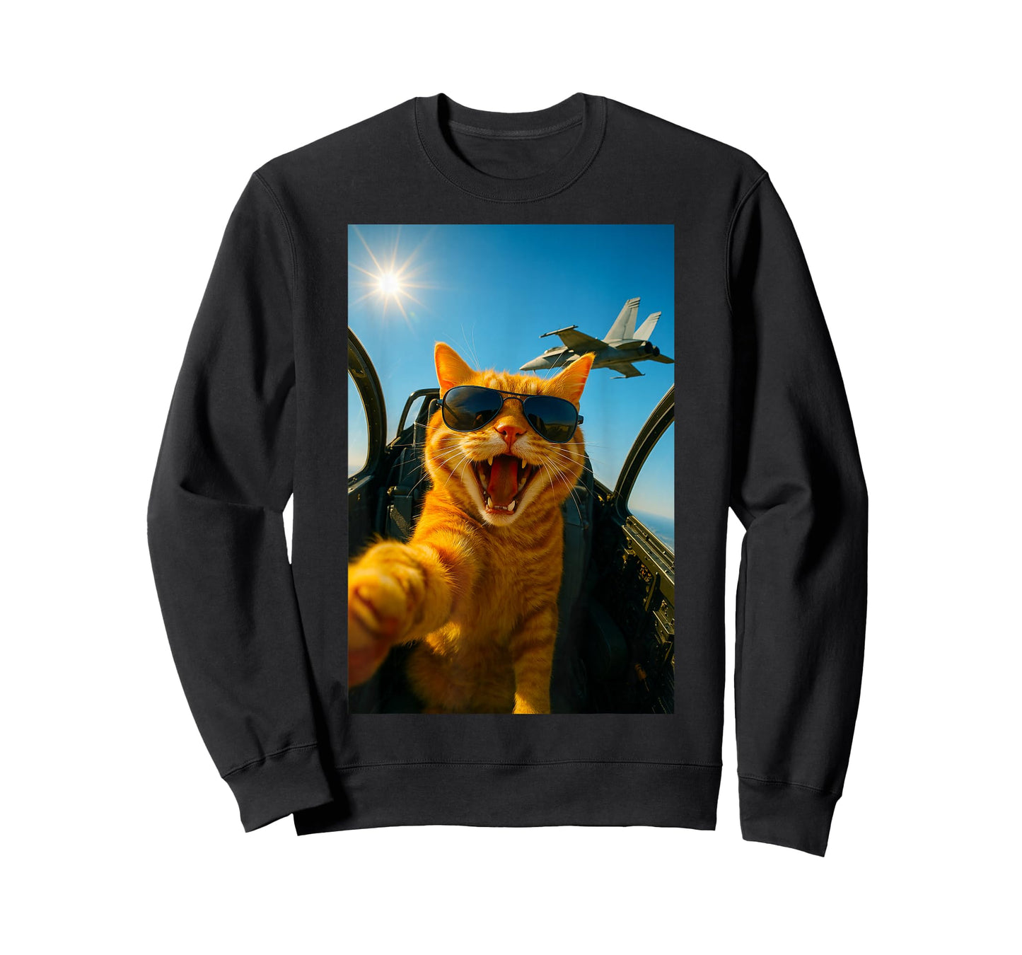 Funny Fighter Jet Cat Selfie Cool Sunglasses Aviation Humor T-Shirt