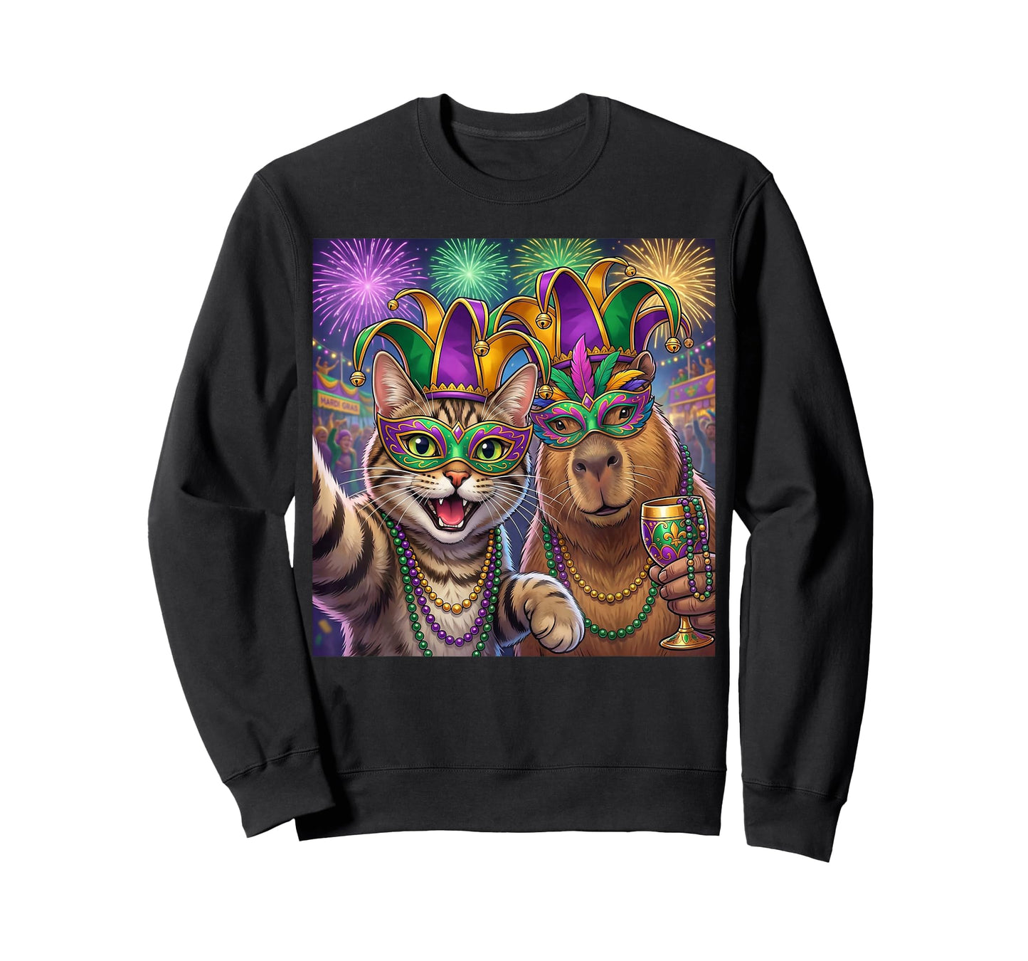 Funny Cat Capybara Selfie Mardi Gras Carnival Party Art T-Shirt