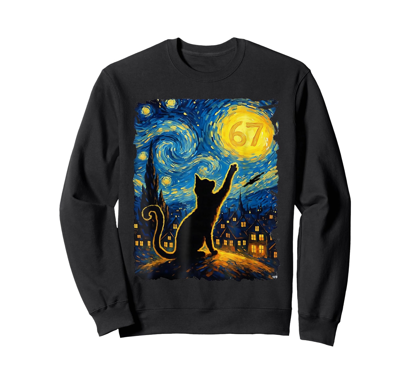 Funny Six Seven 6 7 Meme Starry Night Van Gogh Black Cat T-Shirt