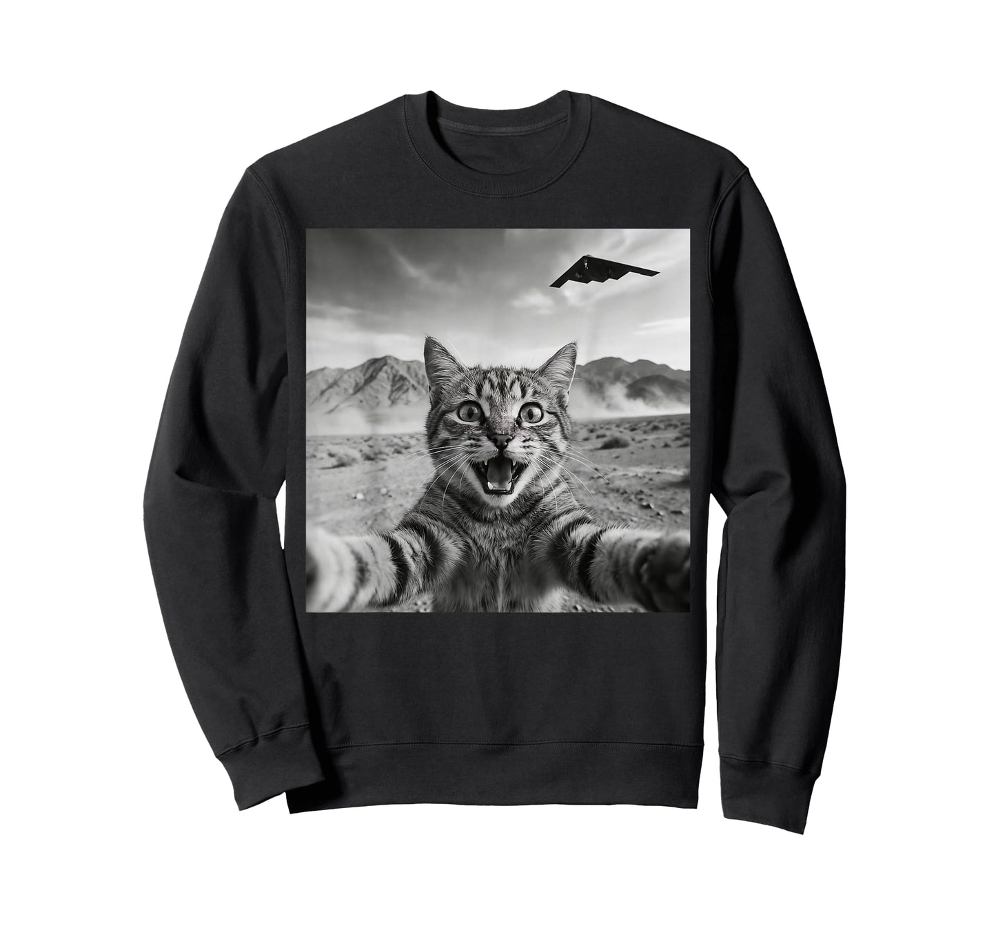 B-2 Bomber Stealth Flyover USA UFO Aircraft Funny Cat Selfie T-Shirt