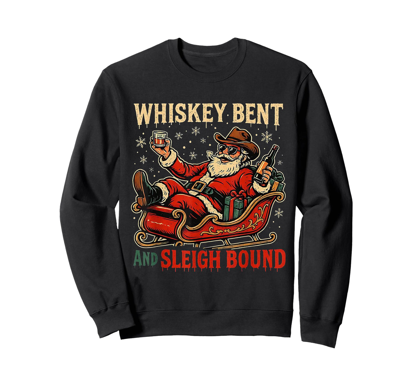 Whiskey Sleigh Bound Cowboy Santa Christmas T-Shirt