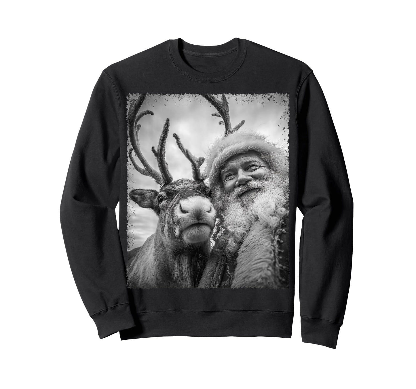 Reindeer Santa Claus Selfie Black and White Cute Christmas T-Shirt