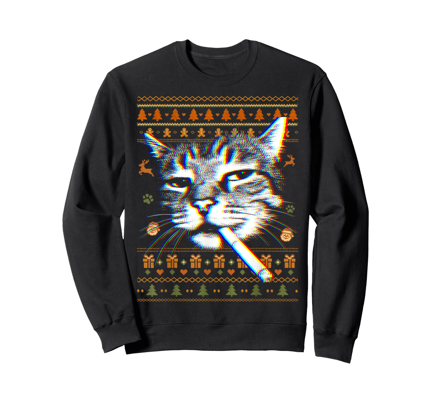Funny Smoking Cat Meme Ugly Christmas Sweaters Cat Lovers T-Shirt
