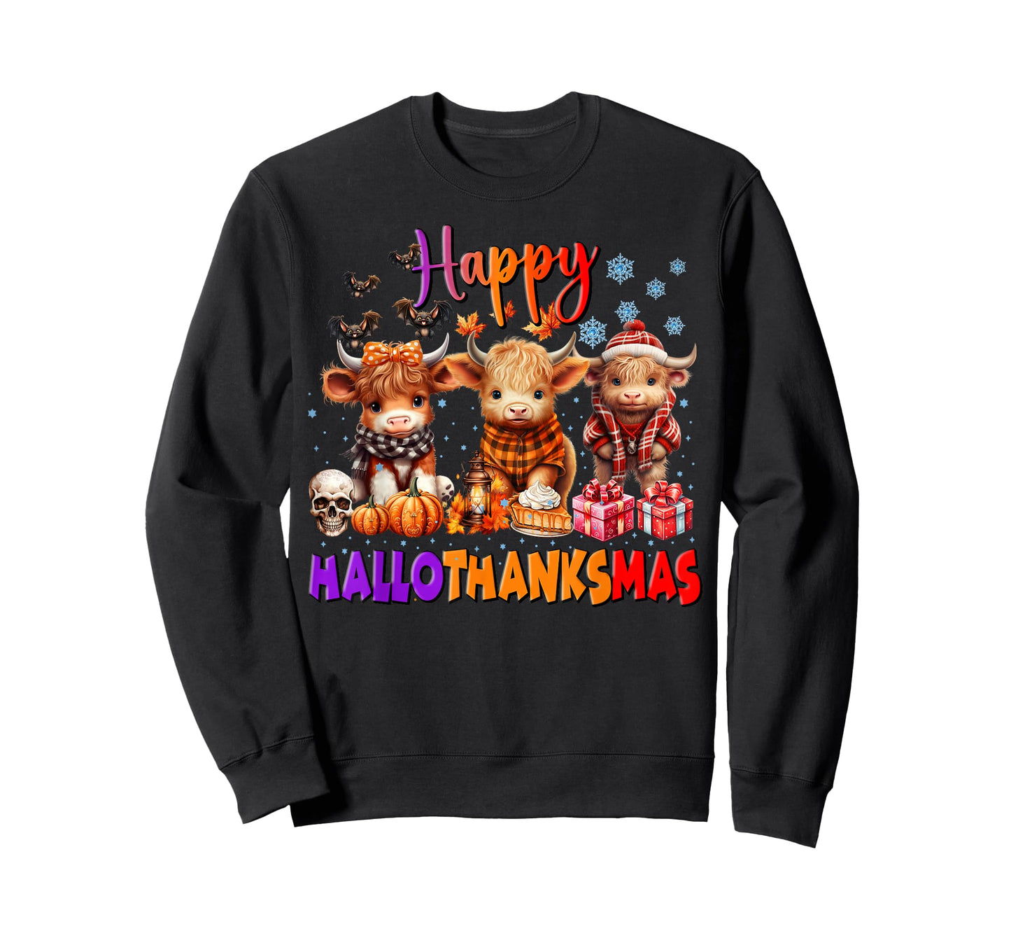 Hallothanksmas Highland Cow Halloween Thanksgiving Christmas T-Shirt