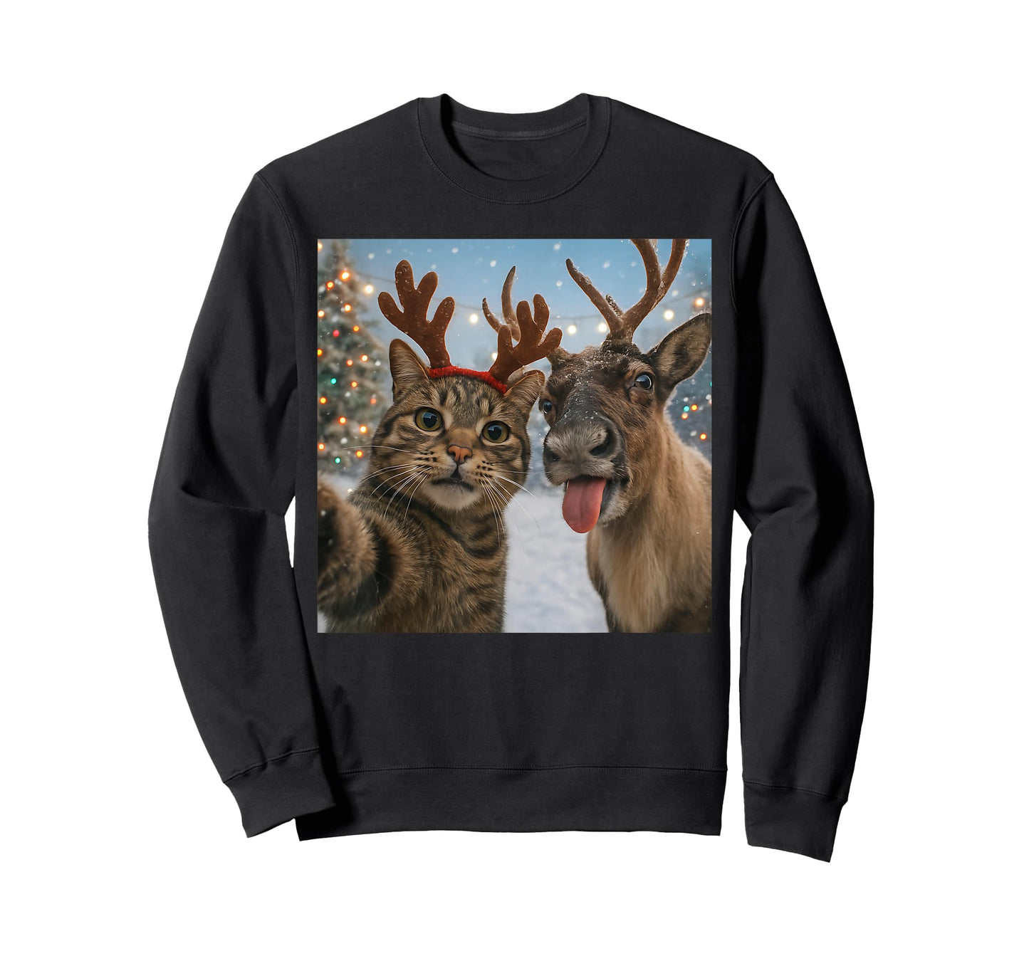 Funny Cat Selfie with Reindeer Christmas Holiday Meme T-Shirt