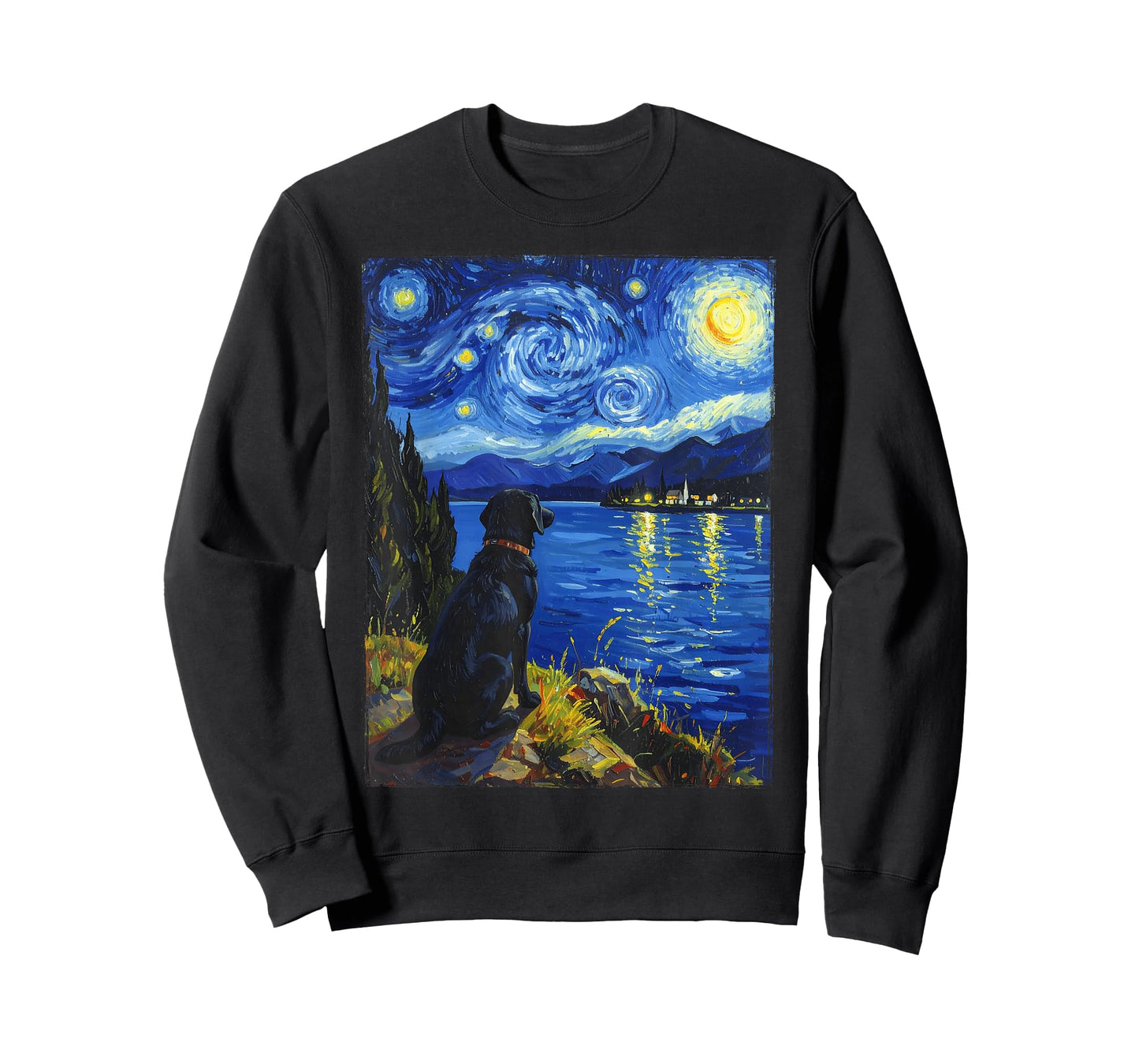 Van Gogh Starry Night Painting Black Retriever Dog T-Shirt