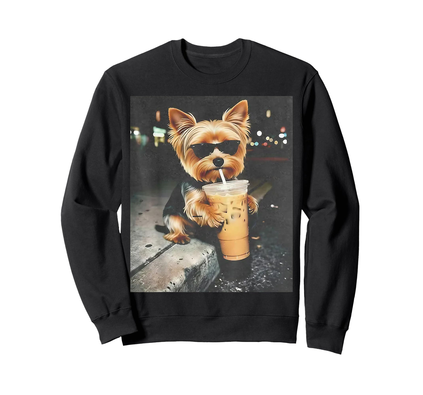 Funny Yorkie Drinking Iced Coffee Cute Dog Meme Humor T-Shirt