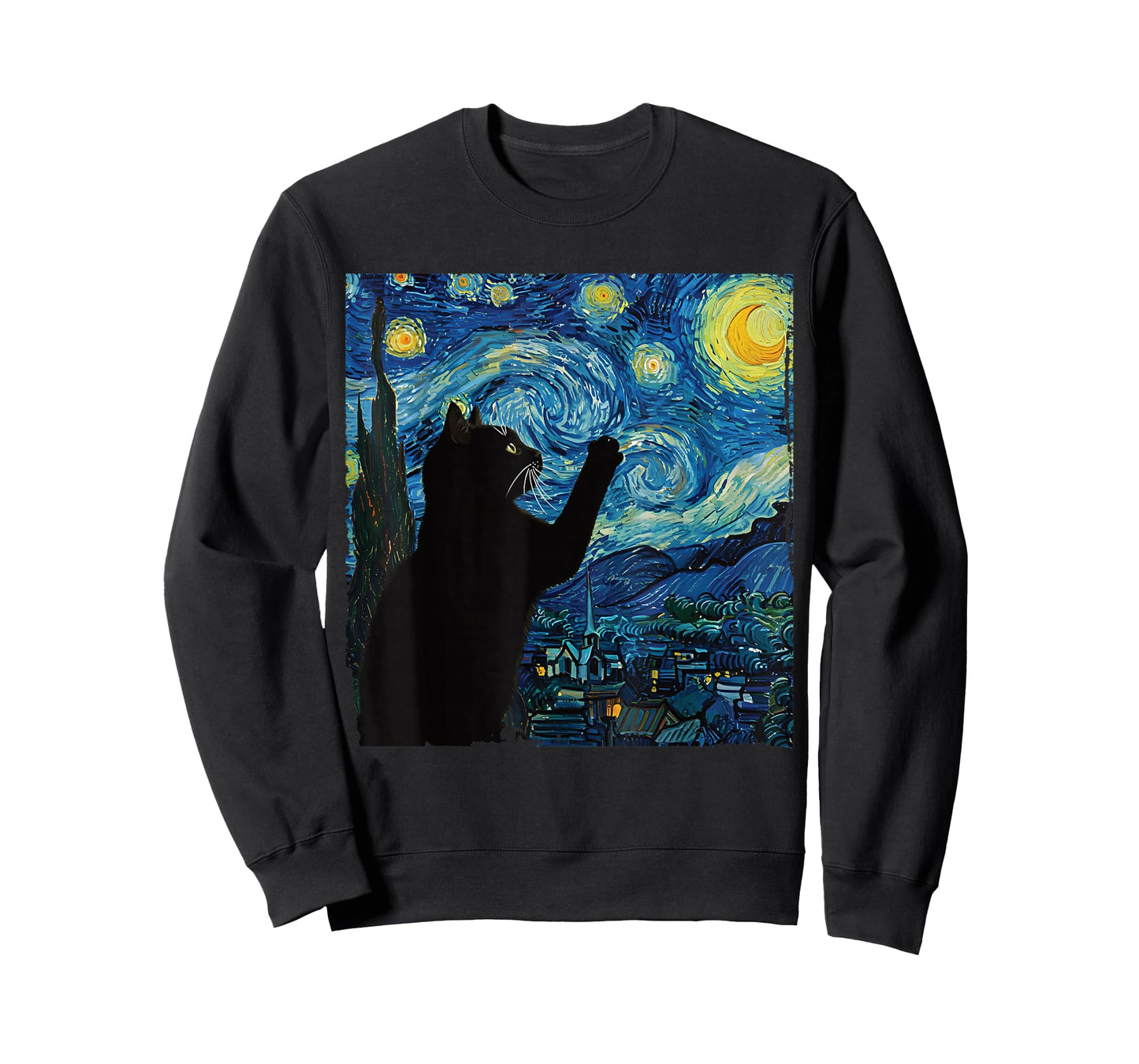 Starry Night Cat Art Graphic Cute Night Sky Painting Design T-Shirt