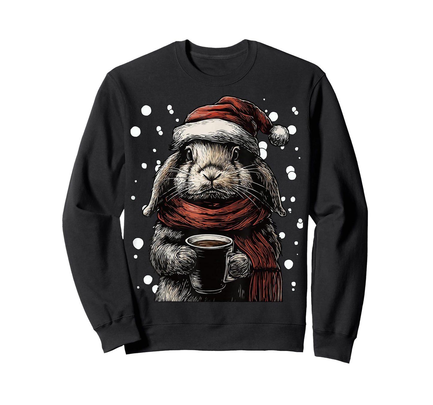 Cute Christmas Rabbit Santa Hat Coffee Lover Funny Winter T-Shirt