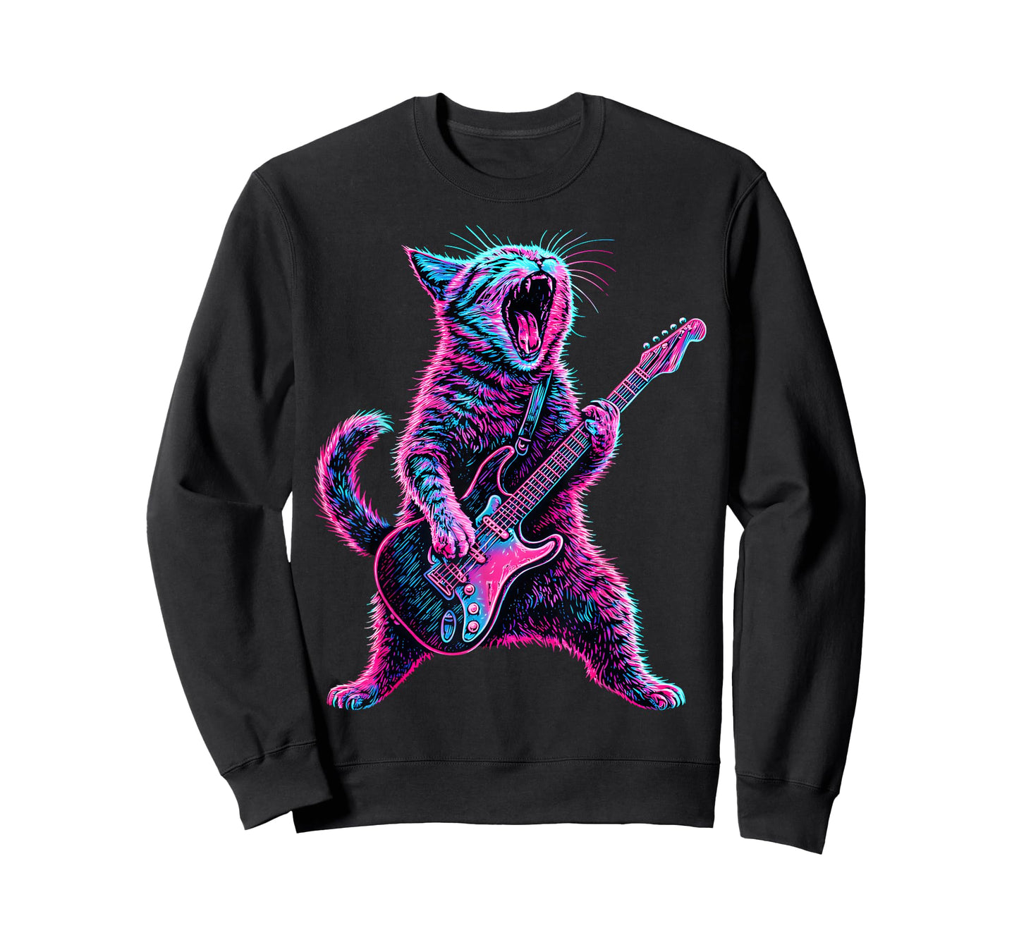 Cat Playing Guitar Retro Music Rock Lovers Cat Guitar Player T-Shirt