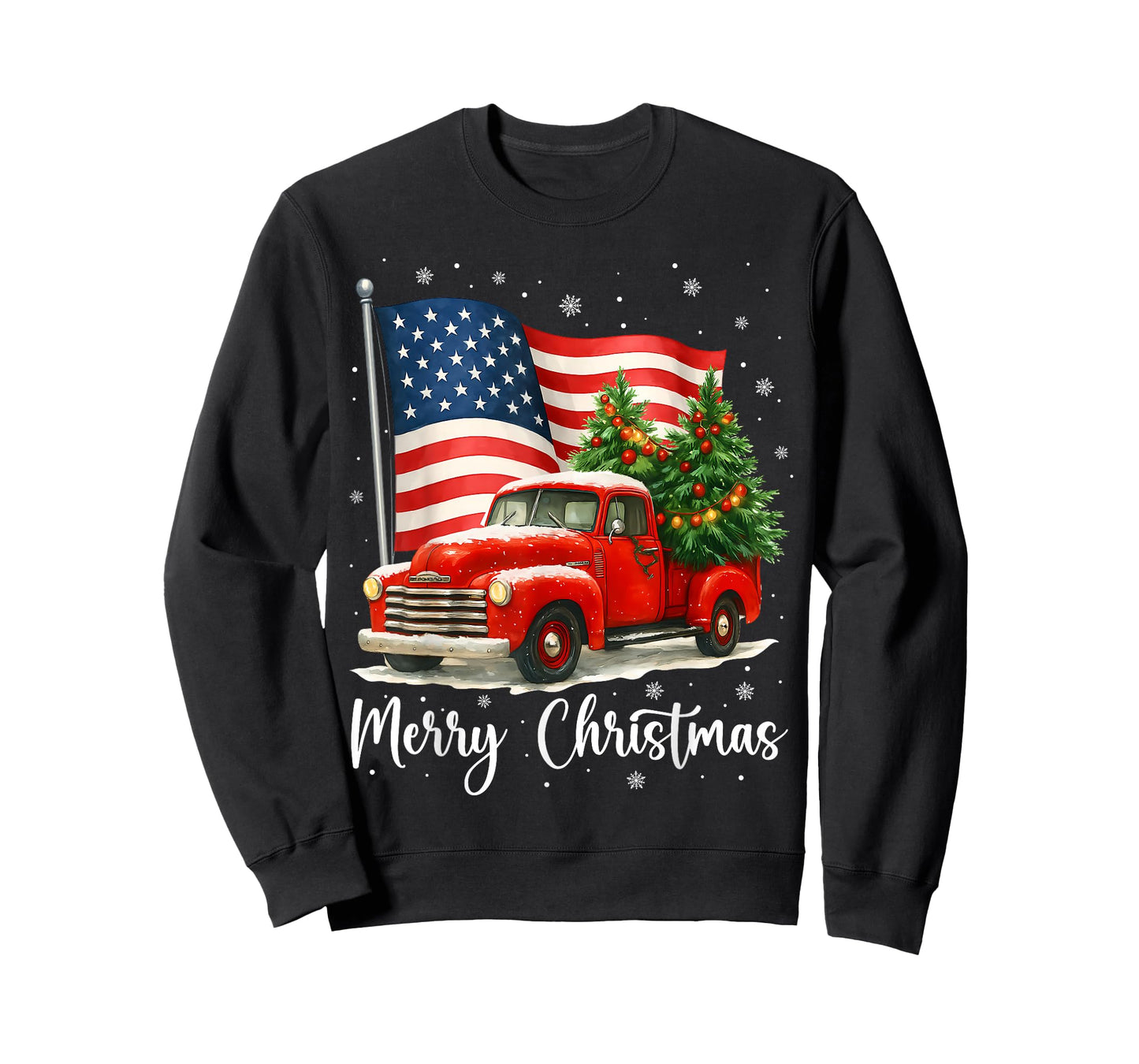 Merry Christmas Red Truck Christmas USA Flag Family Pajama T-Shirt