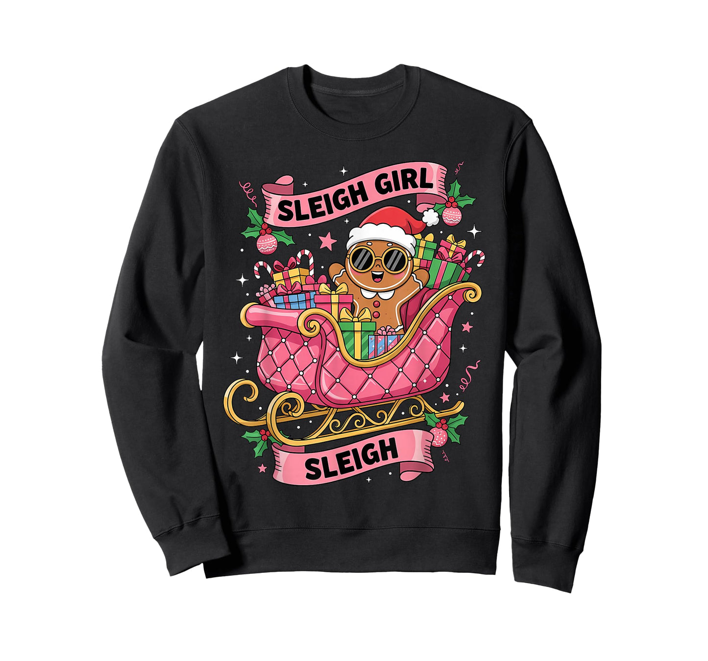 Gingerbread Sleigh Girl Pink Funny Christmas Women Girls T-Shirt