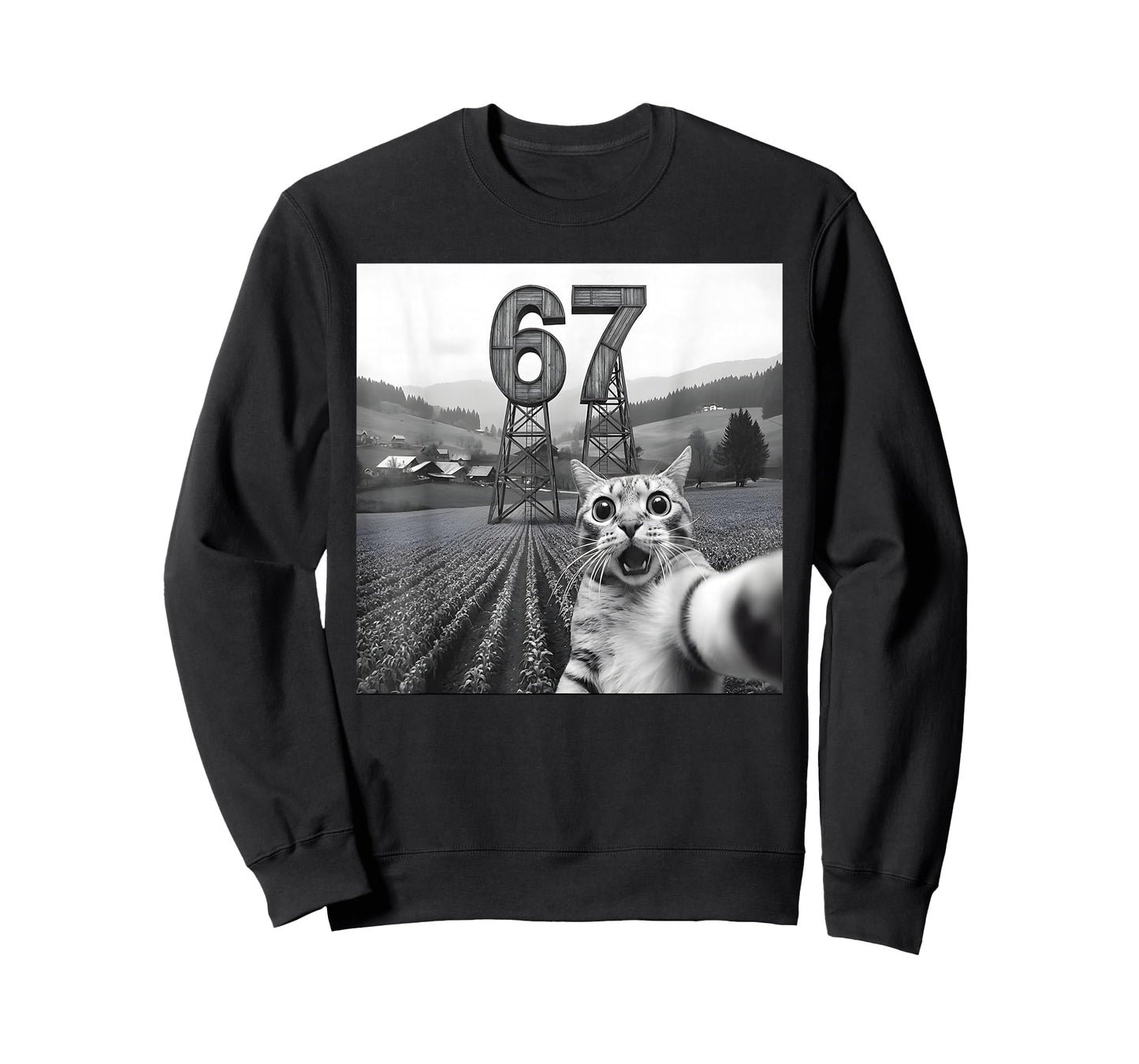 Cat Selfie with Tower 67 Funny Six Seven Cat T-Shirt