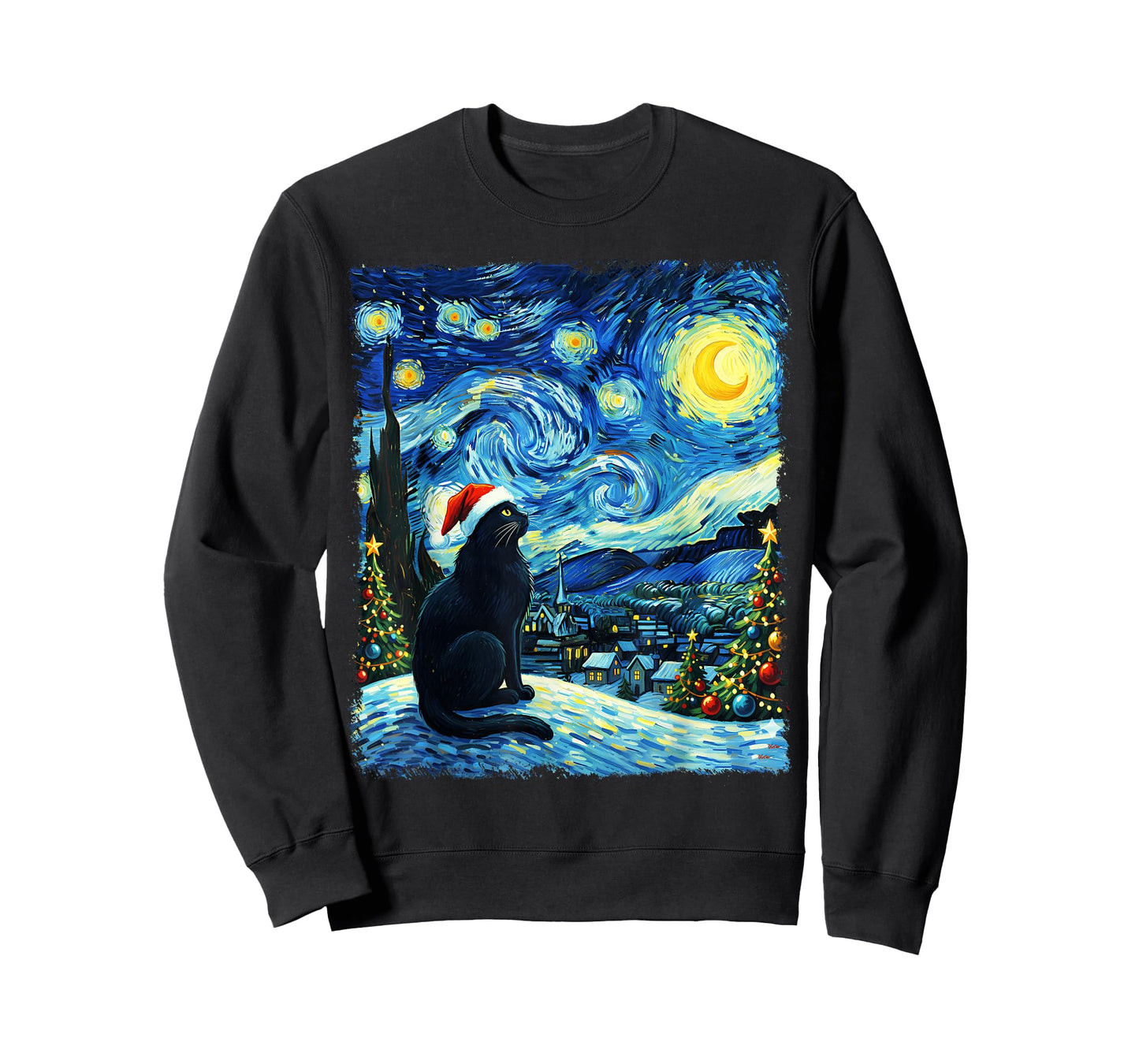 Black Cat Christmas Santa Hat Funny Meowy Cat Men Women Kids T-Shirt