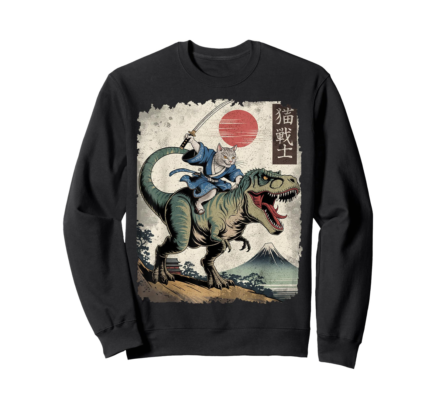 Funny Cat Riding T Rex Japanese Ukiyo-e Art Samurai Cat T-Shirt