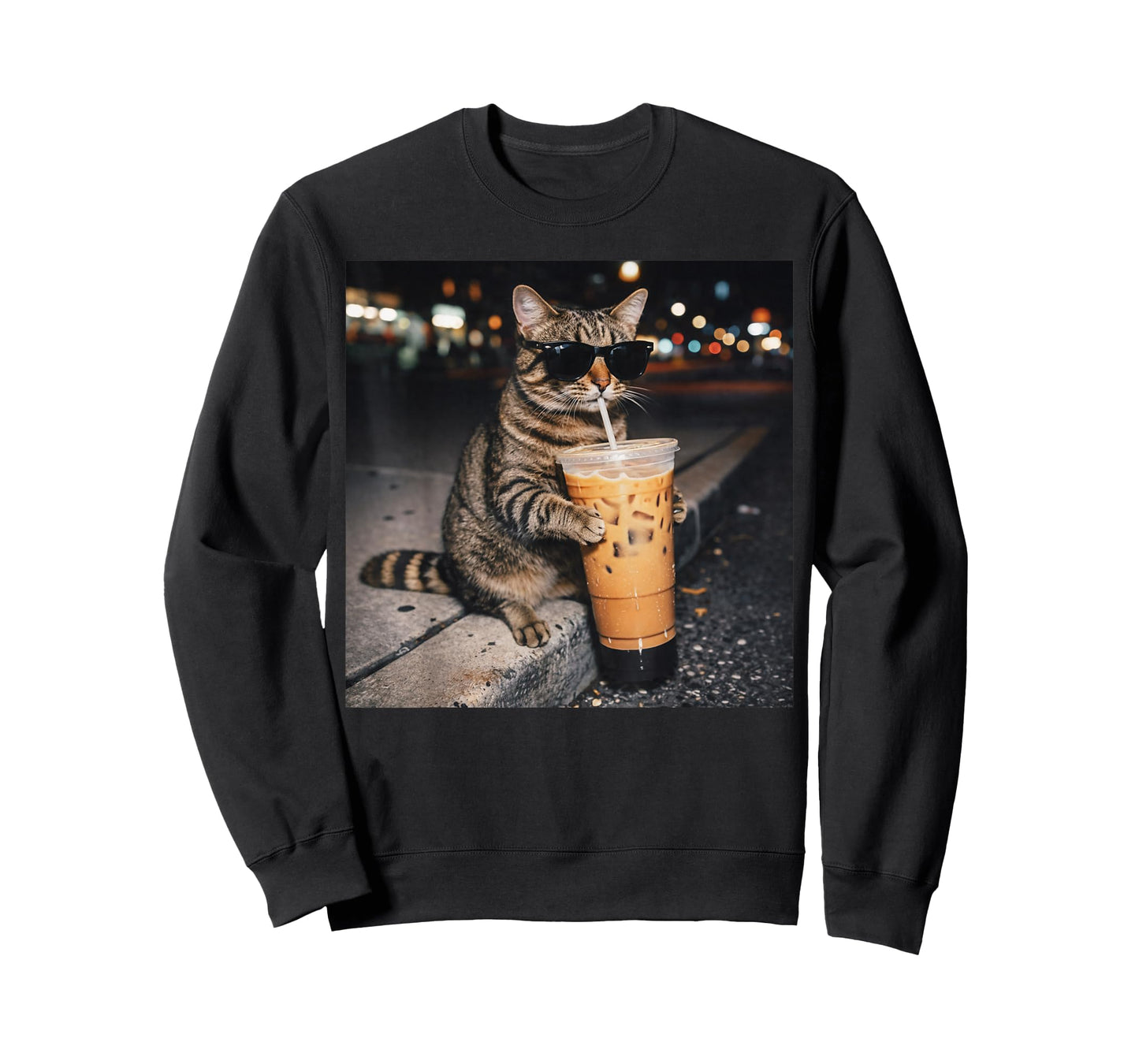 Cat Drinking Iced Coffee Funny Animal Meme Men Women T-Shirt