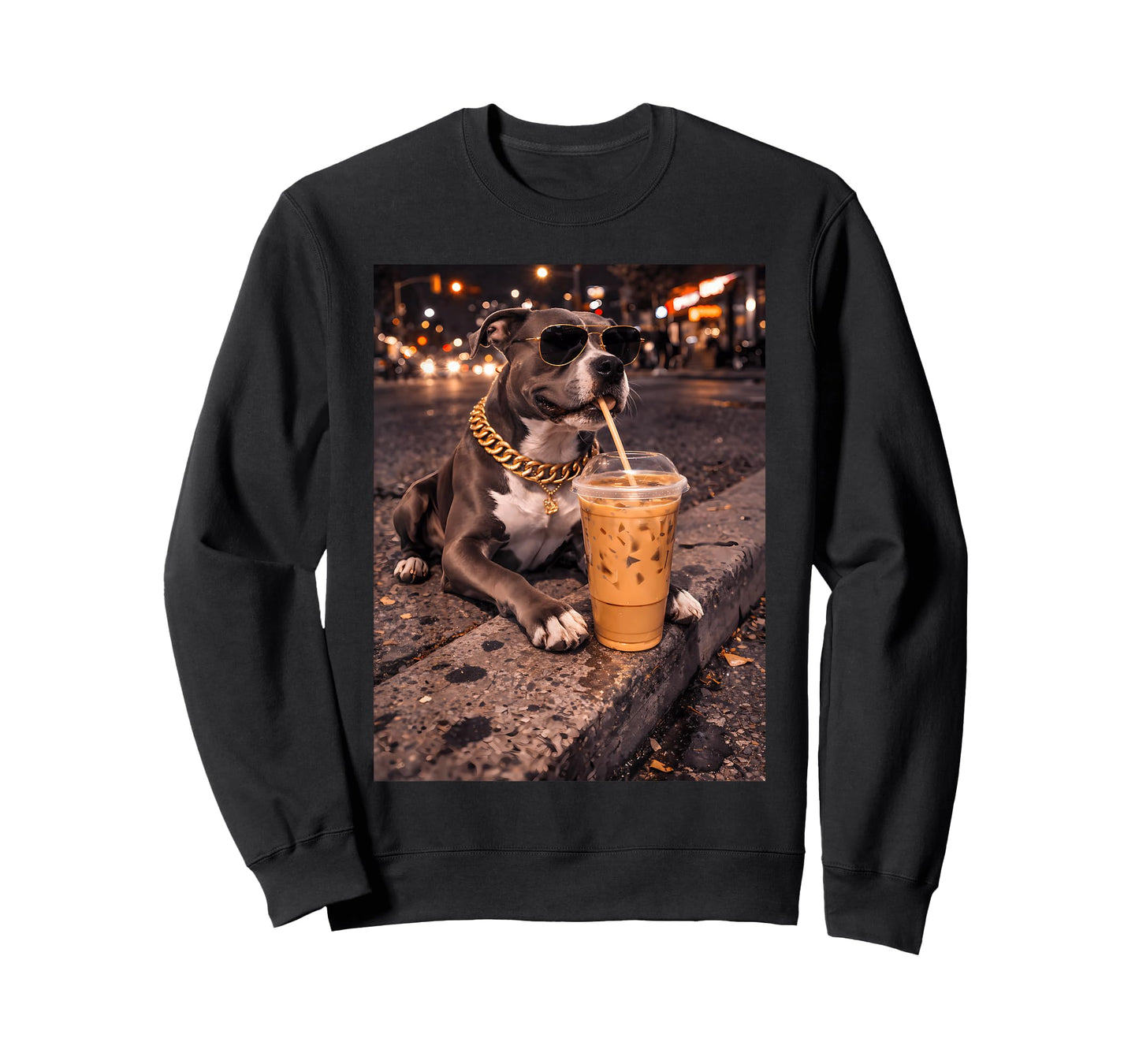 Funny Cool Pitbull Dog Drinking Iced Coffee Animal Lover T-Shirt