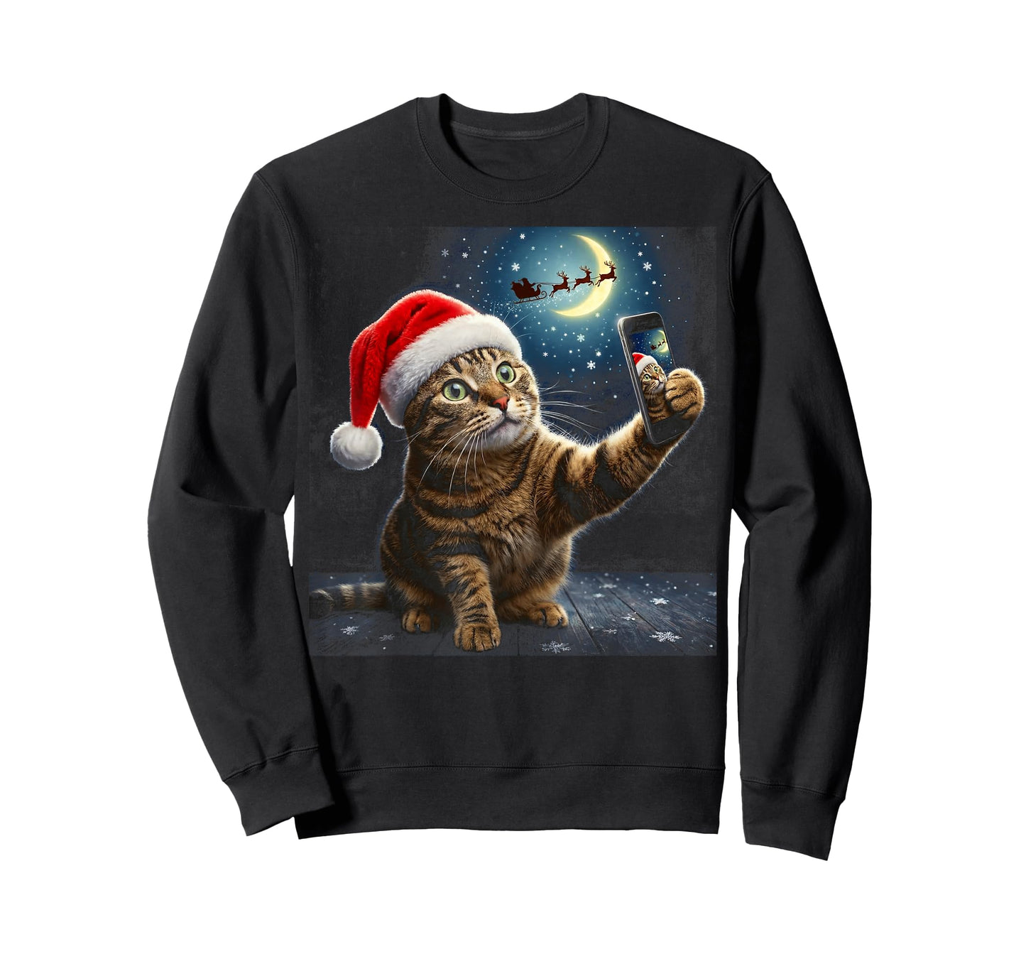 Funny Cat Christmas Selfie Santa Sleigh Graphic T-Shirt
