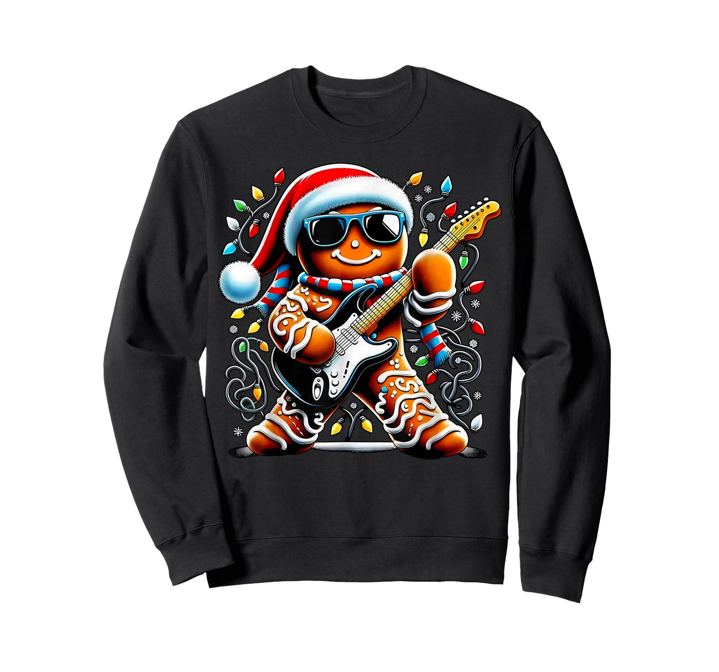 Rock Star Gingerbread Christmas Guitar Lights Men Women Kids T-Shirt