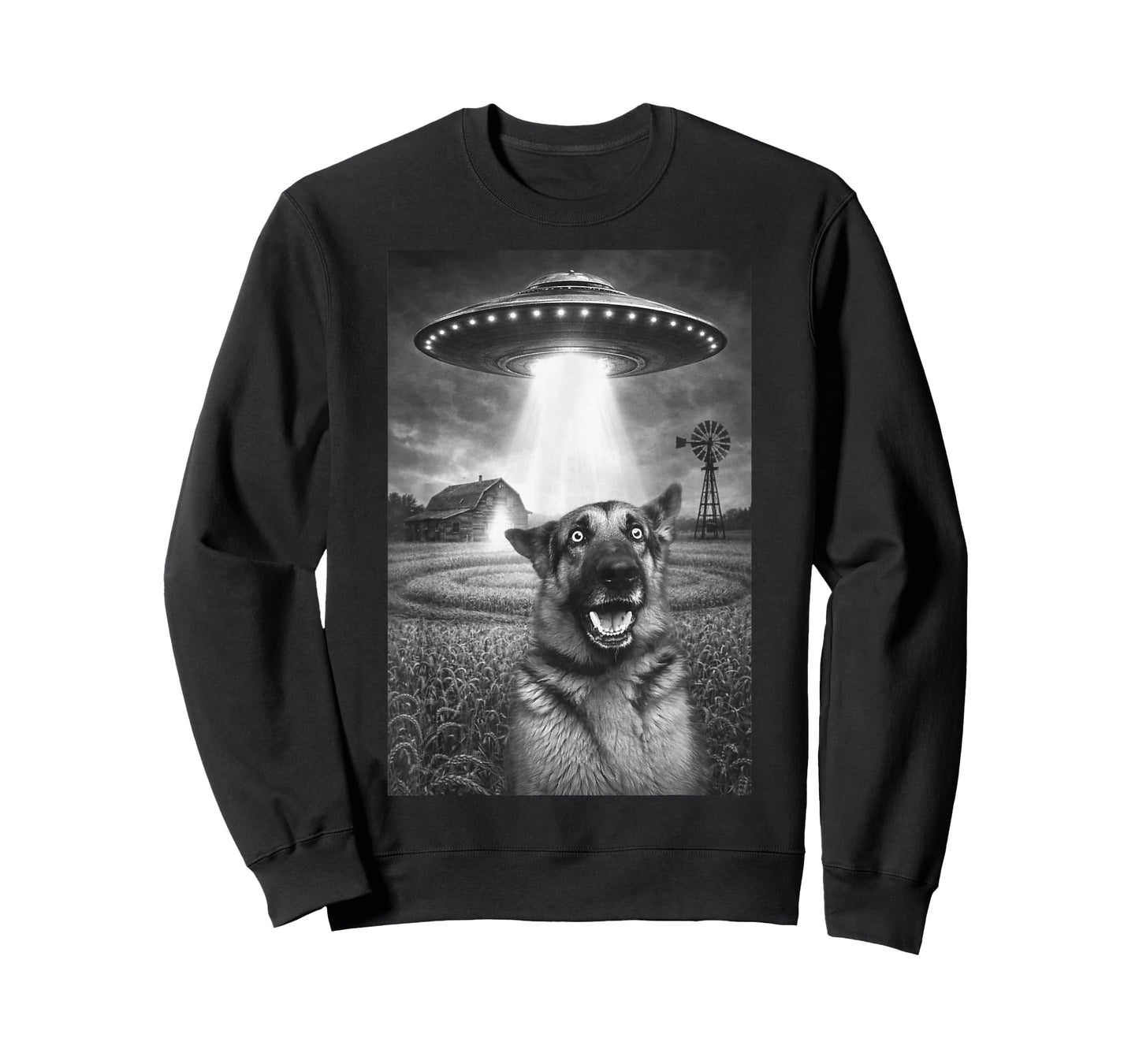 Funny German Shepherd Dog Shocked UFO Alien Abduction Farm T-Shirt