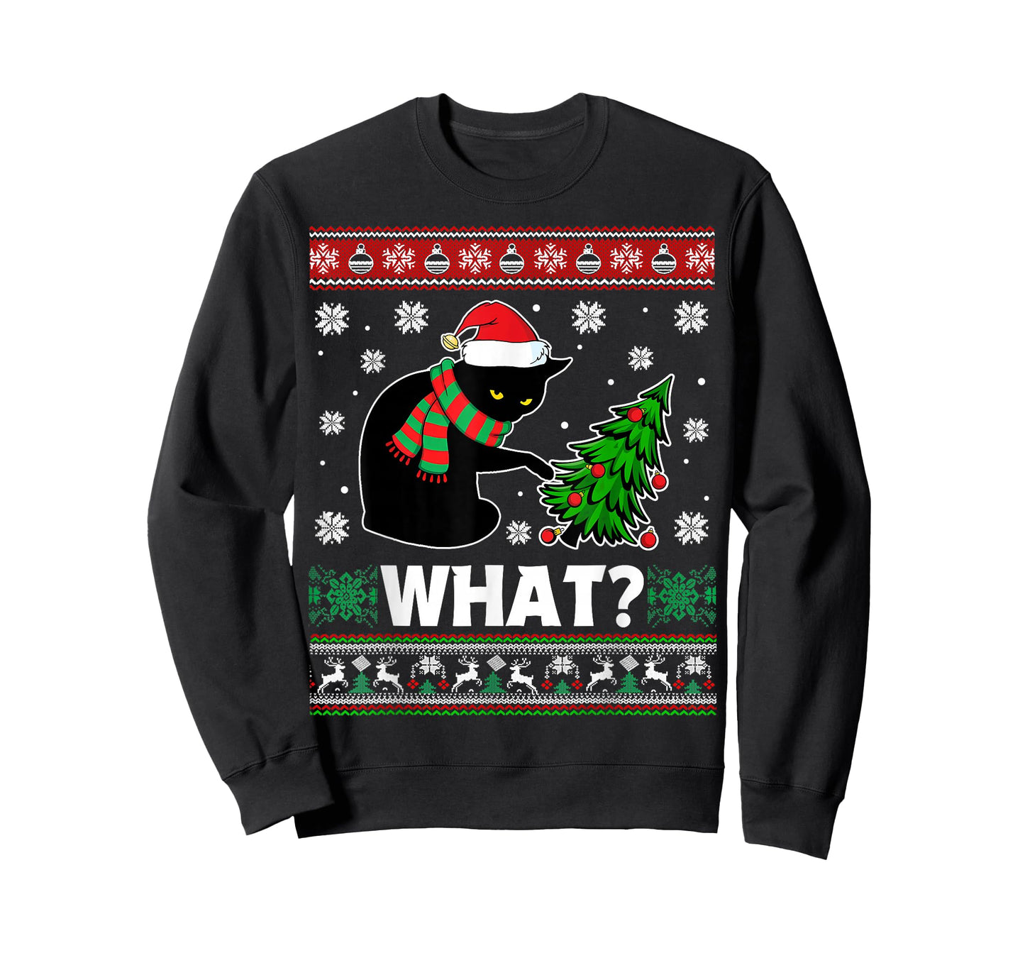 Black Cat What Pushing Tree Over Ugly Christmas Sweaters T-Shirt