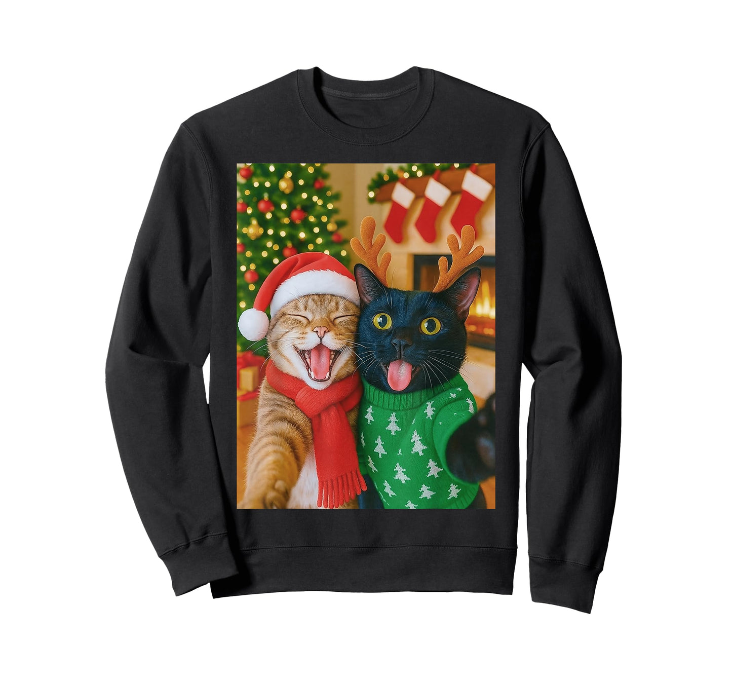 Funny Meme Cat Taking A Selfie Christmas Xmas Lights Holiday T-Shirt