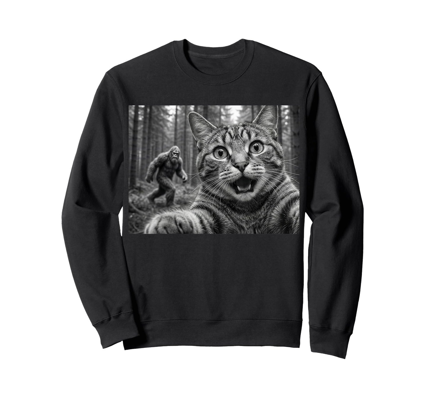 Funny Cat Selfie with Bigfoot Sasquatch Cryptid Humor T-Shirt