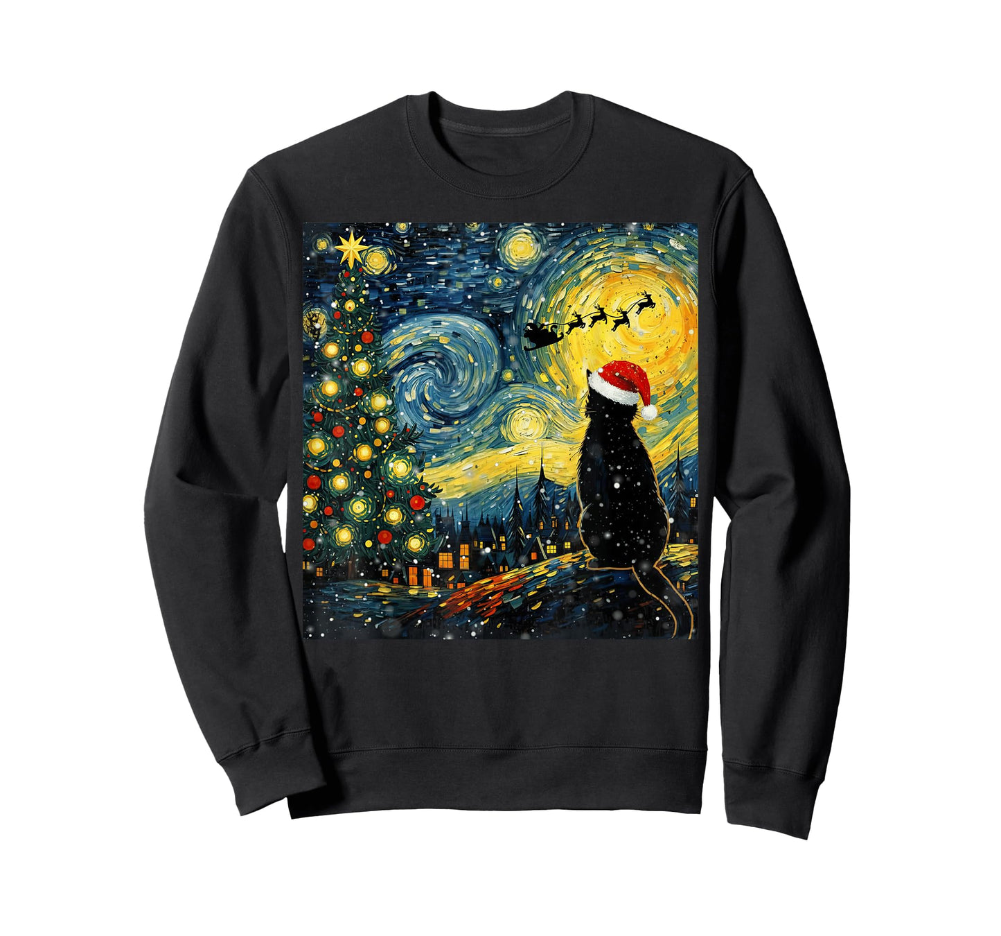 Santa Cat Starry Night Vintage Funny Christmas Vibes Art T-Shirt