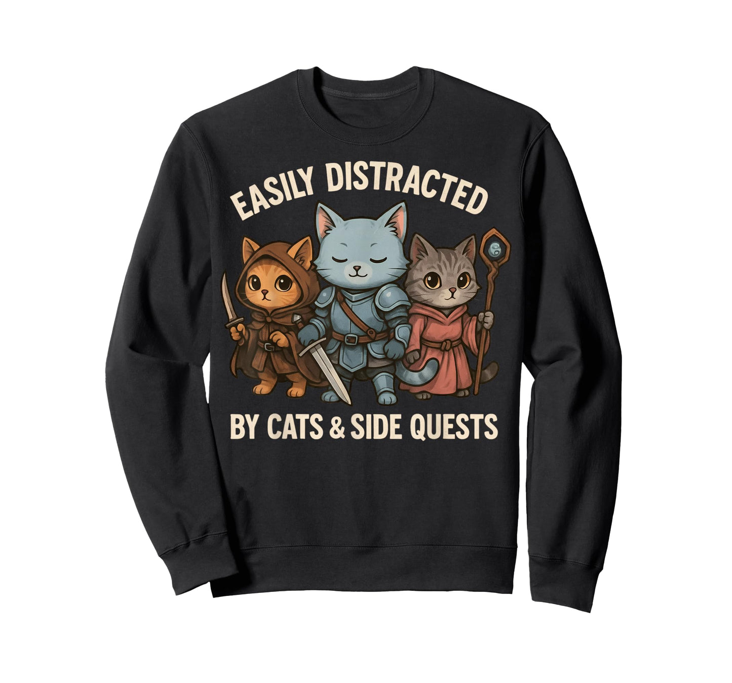 Easily Distracted by Cats & Side Quests Role-Playing Fantasy T-Shirt