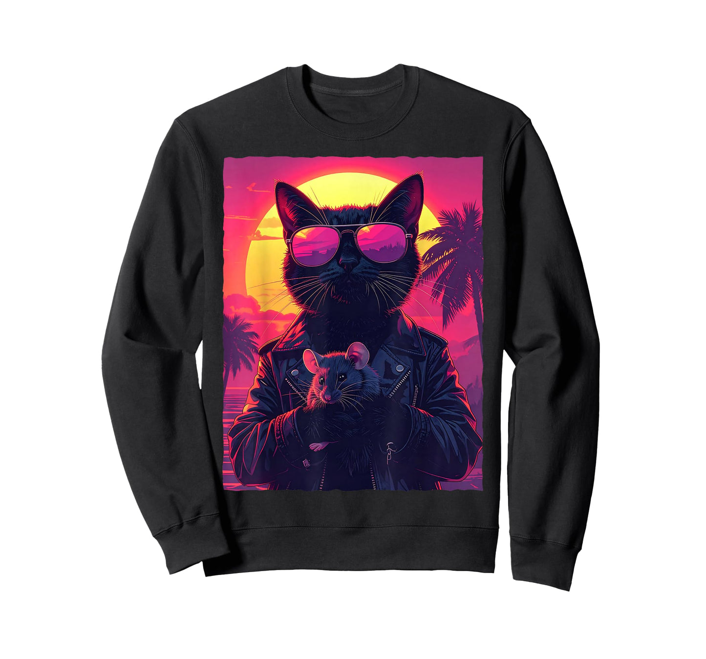 Cool Black Cat with Mouse and Retro Sunset T-Shirt
