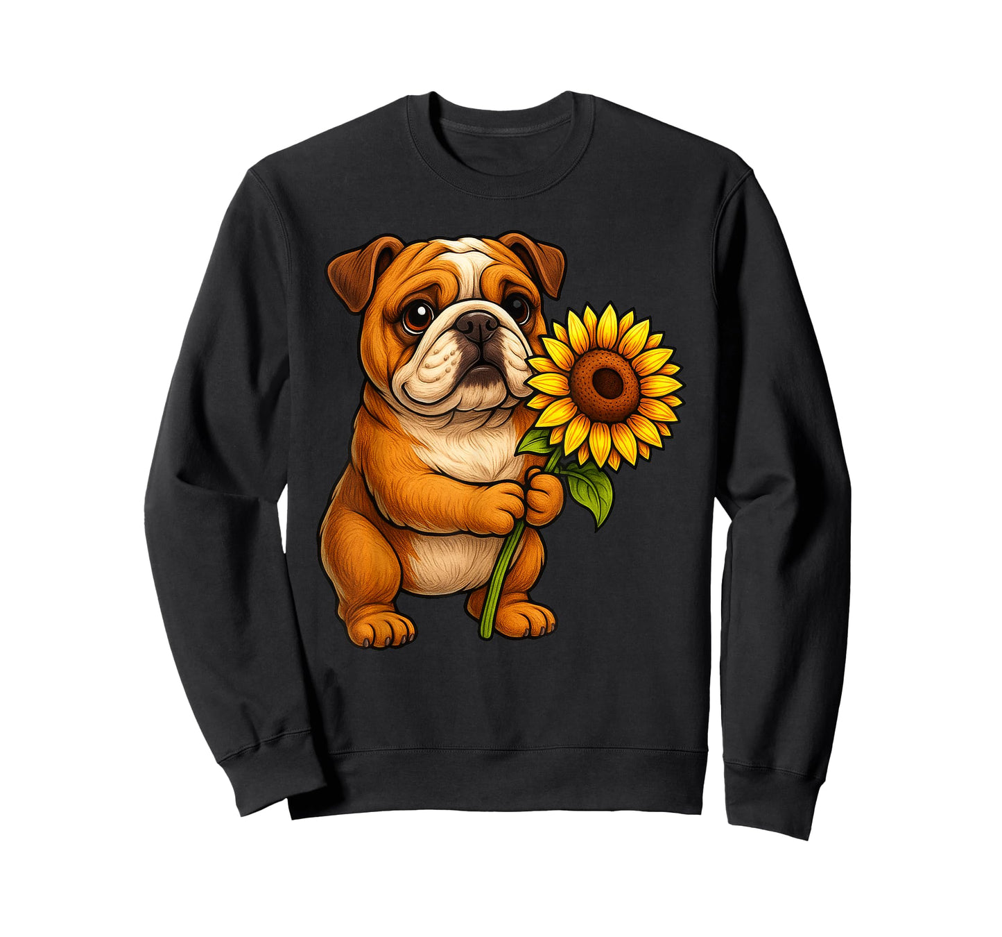 Cute English Bulldog Dog Holding Sunflower Flower T-Shirt
