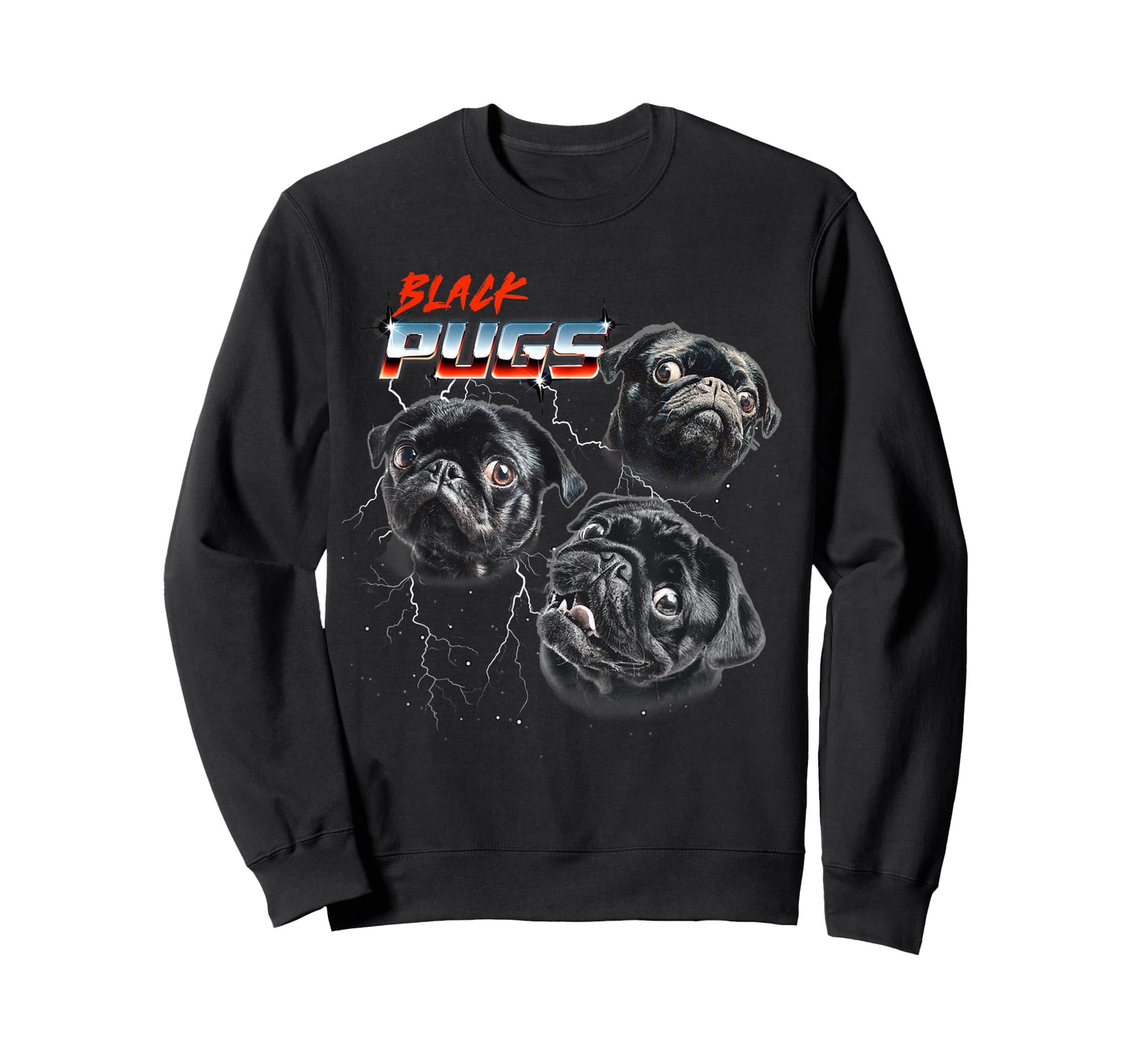Mens Womens 80s Heavy Metal Rock Band Black Pug Dog Lover T-Shirt