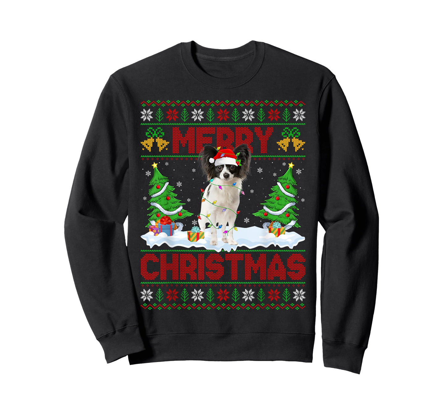 Papillon Dog Christmas Ugly Sweater Funny Santa Hat Dog Xmas T-Shirt