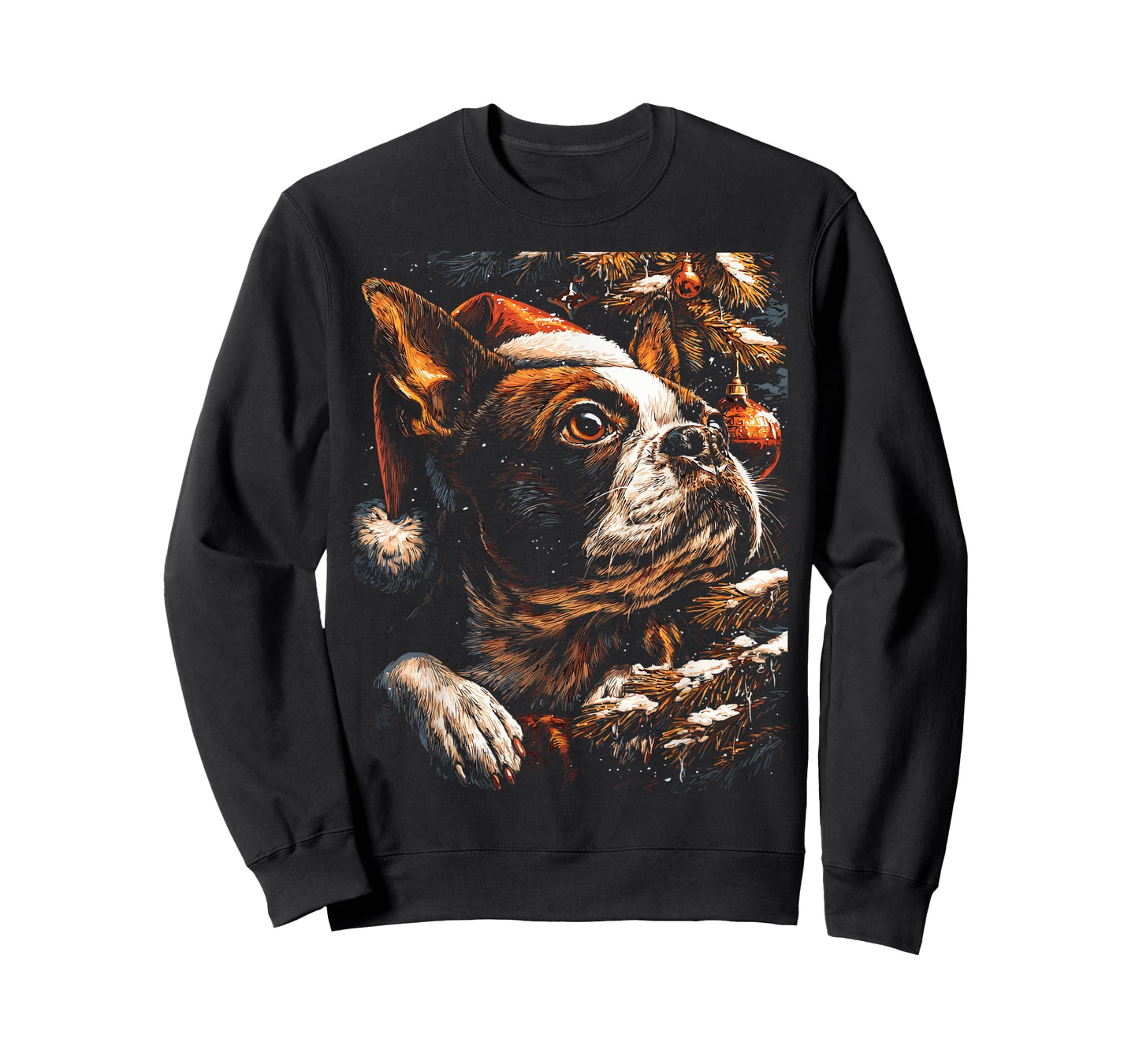 Christmas Boston Terrier Santa Hat Festive Winter Snowy Dog T-Shirt