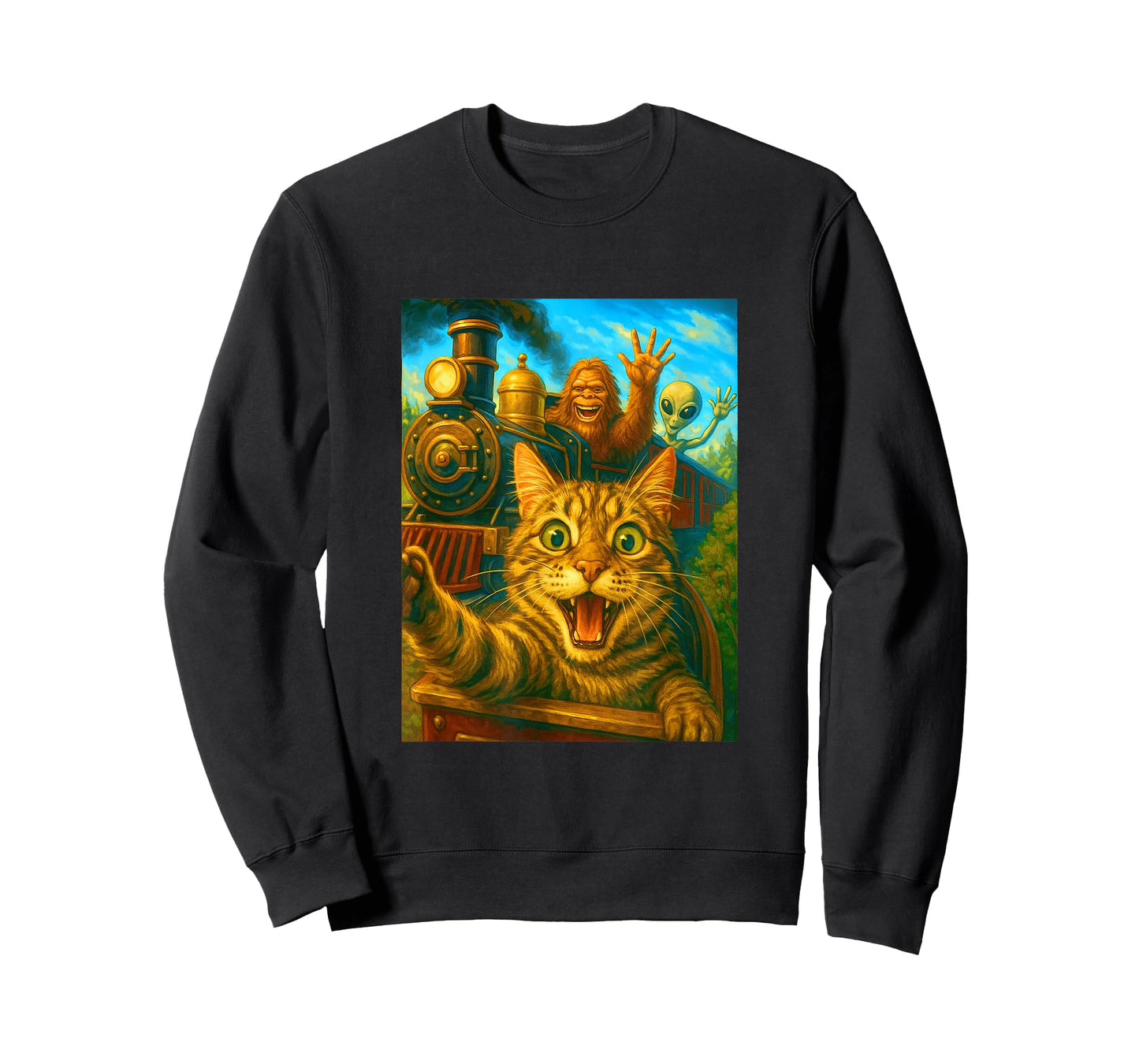 Steam Engine Train Cat Selfie Bigfoot Alien Steam Locomotive T-Shirt