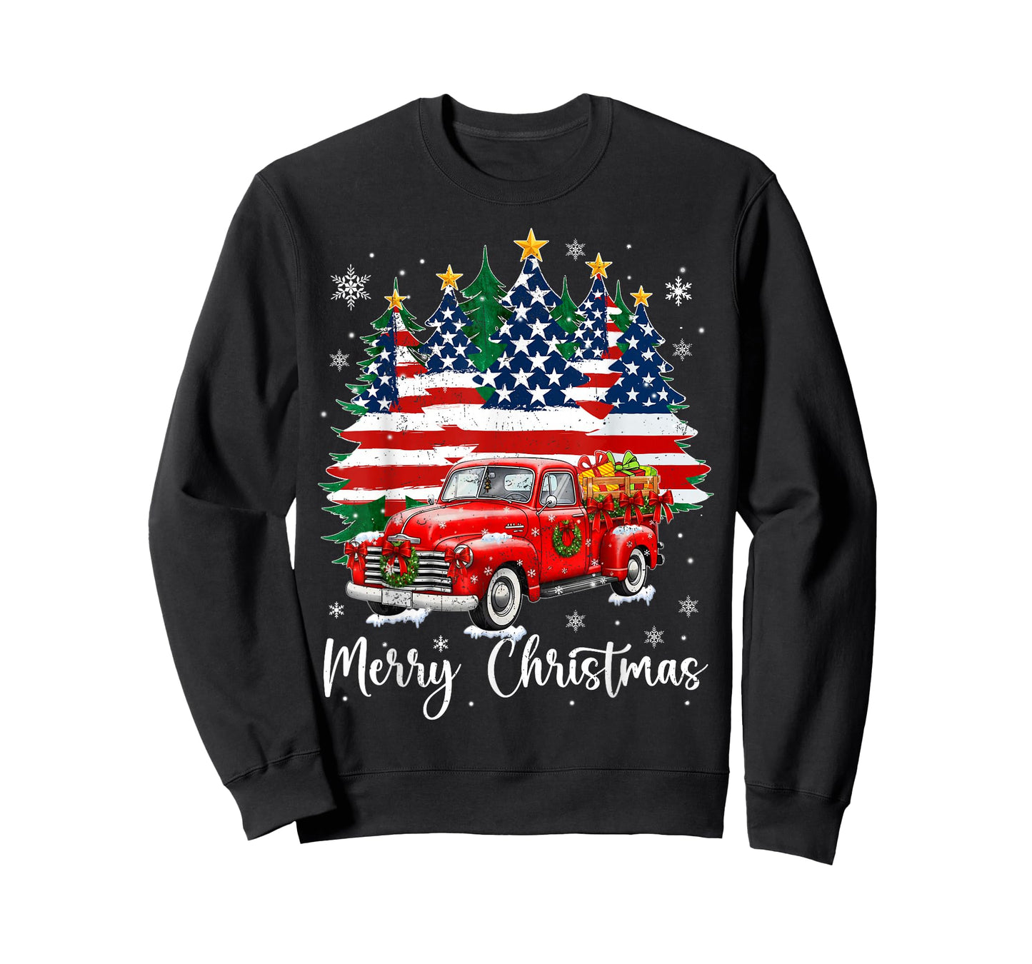 Merry Christmas Vintage Red Truck Us Flag Tree Xmas Men T-Shirt